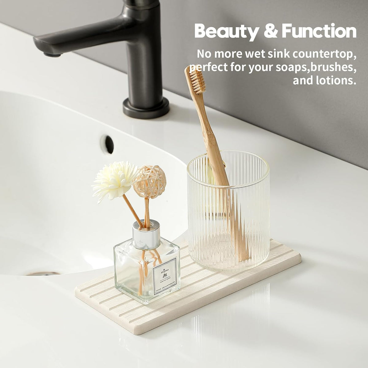 2 Pack Greige Bathroom Sink Vanity Trays, Diatomite Stone Kitchen Counter Caddy Dish Soap Dispenser