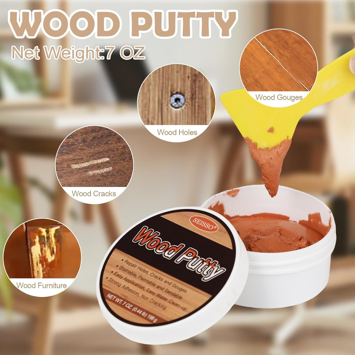 SEISSO Wood Putty, Mahogany Wood Filler Paintable, Wood Putty Outdoor Waterproof, Wood Repair Putty