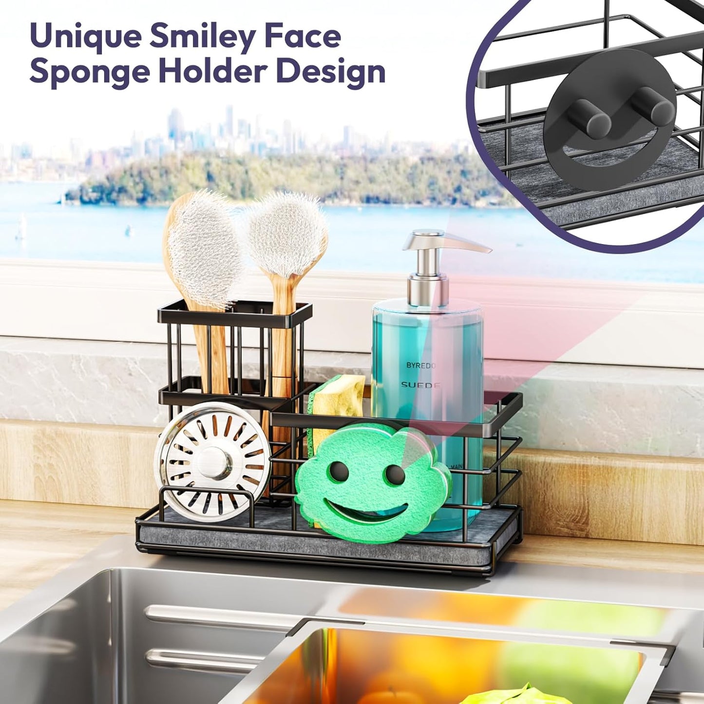 SWTYMIKI Kitchen Sink Caddy Organizer, Quick Dry Smiley Face Sponge Holder with Instant Drying