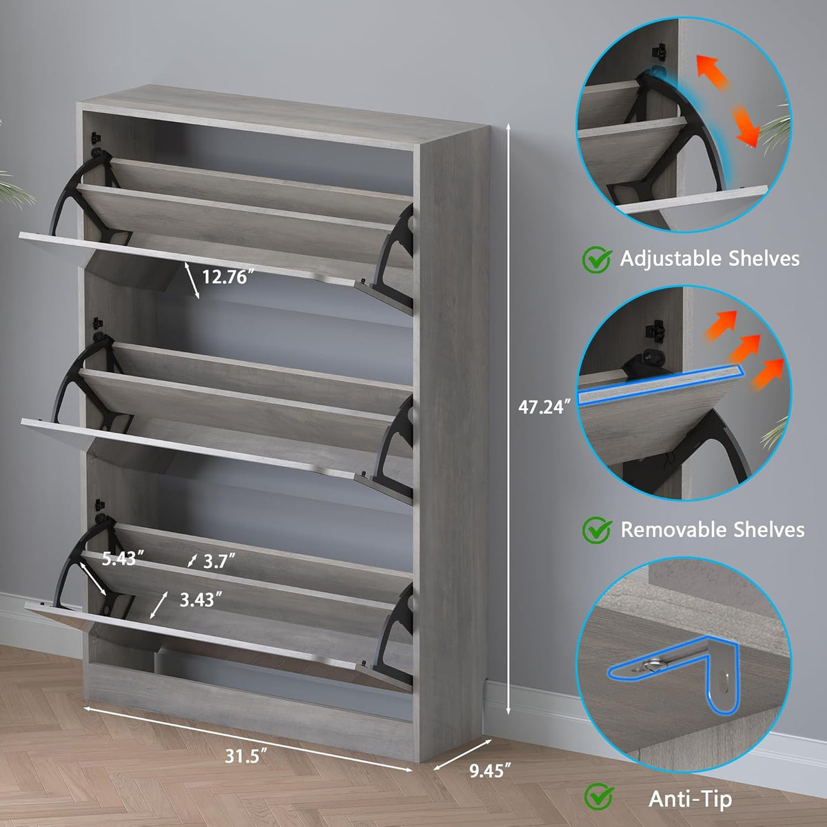 Shoe Cabinet with 3-Flip Mirror Drawers, Freestanding Shoe Rack Organizer with Hidden Handle, Slim