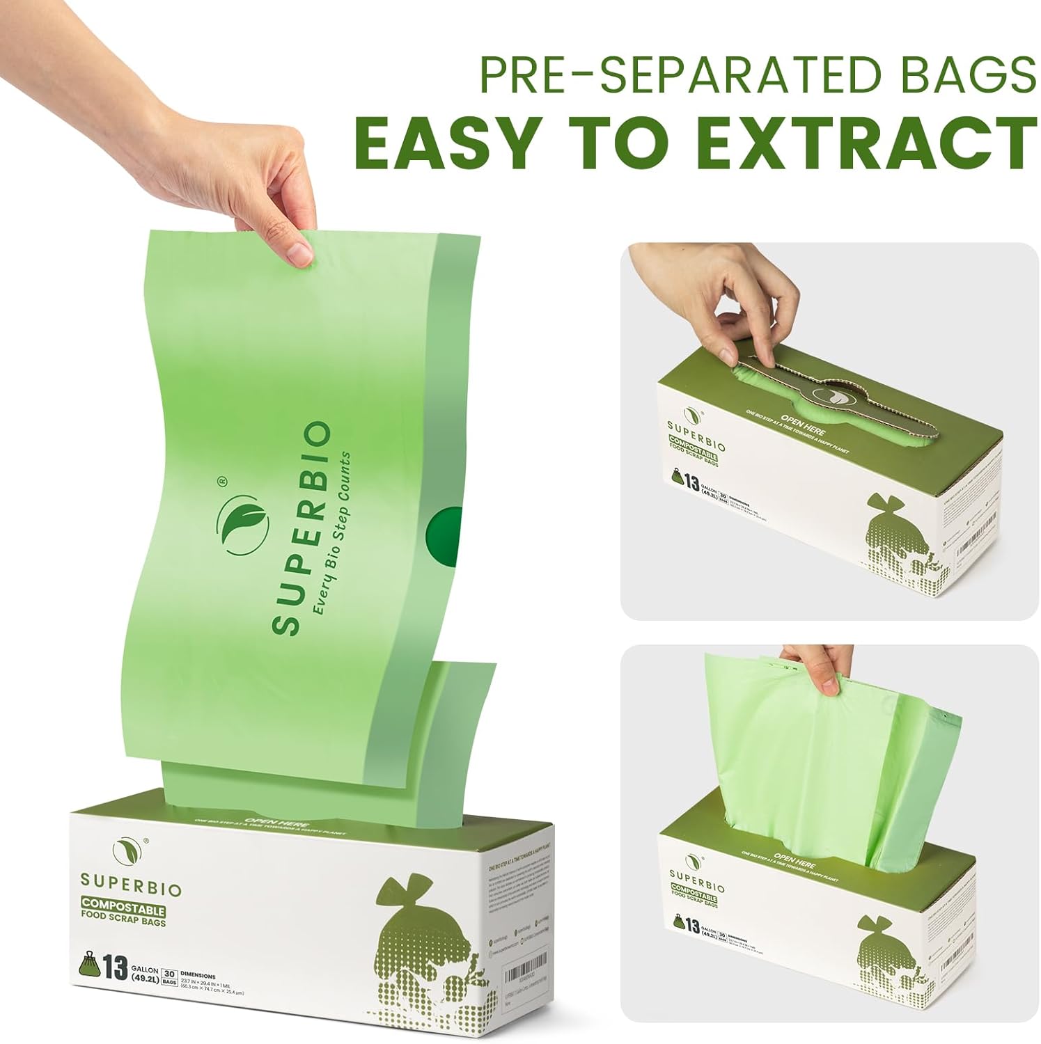 SUPERBIO 13 Gallon Compostable Drawstring Kitchen Waste Bag, 49.2 Liter, 30 Count,1 Mil, Heavy Duty