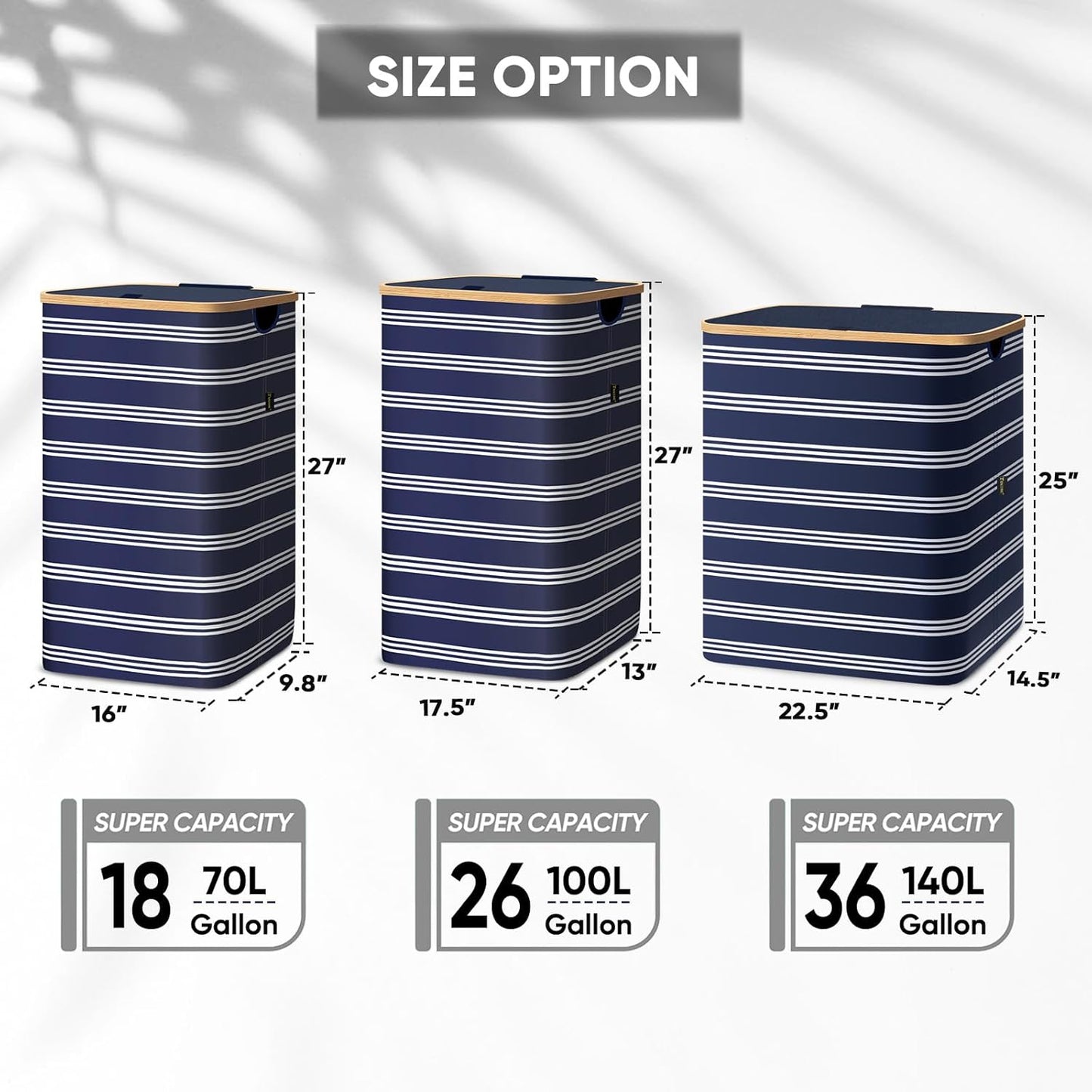 BALEINE Laundry Hamper with Lid, Tall Laundry Baskets with Bamboo Pull Handles, Large Laundry Bin
