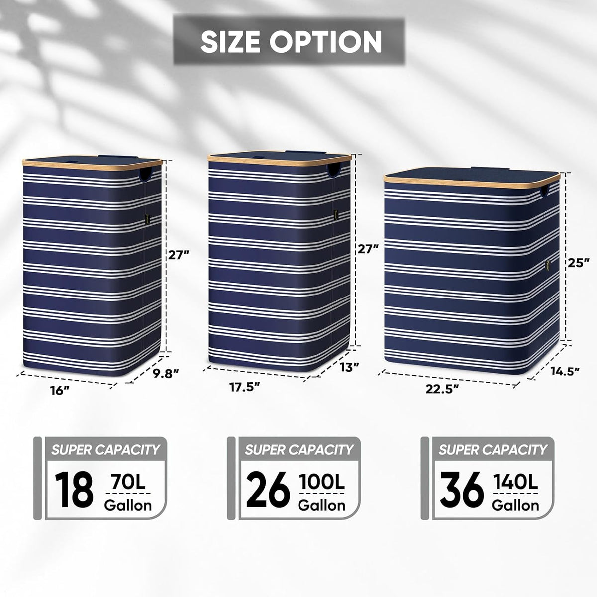 BALEINE Laundry Hamper with Lid, Tall Laundry Baskets with Bamboo Pull Handles, Large Laundry Bin