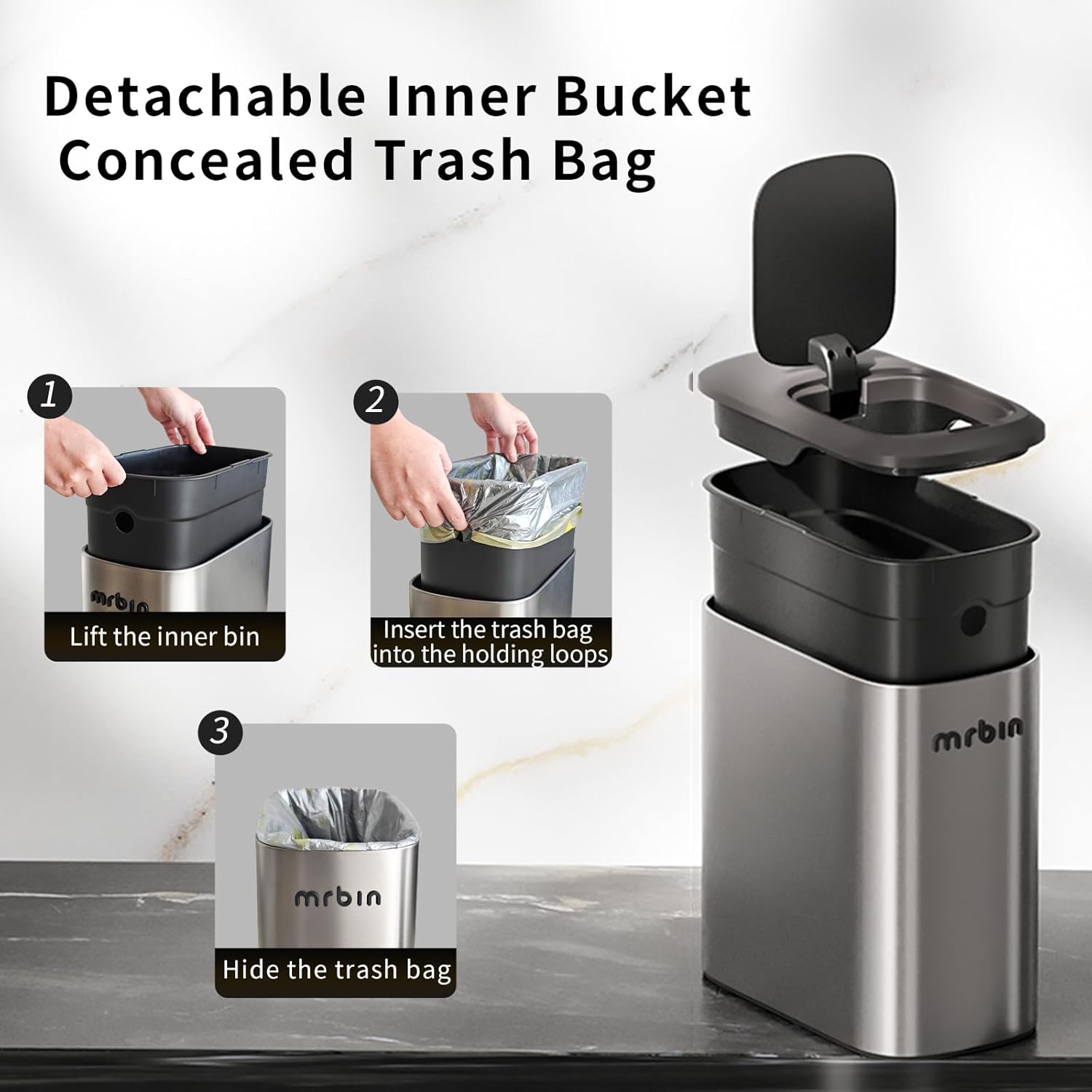 MRBIN Stainless Steel Motion Sensor Bathroom Trash Can, 10L / 2.6gal Slim Smart Toilet Waste Basket