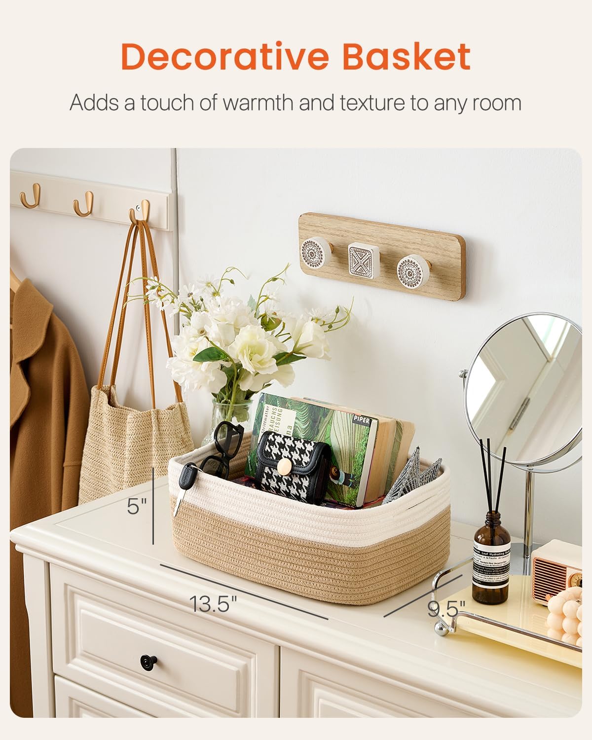 Small Woven Basket, 13.5 x 9.5 x 5 Inches, Storage Basket for Organizing, Cute Small Rope Shelf