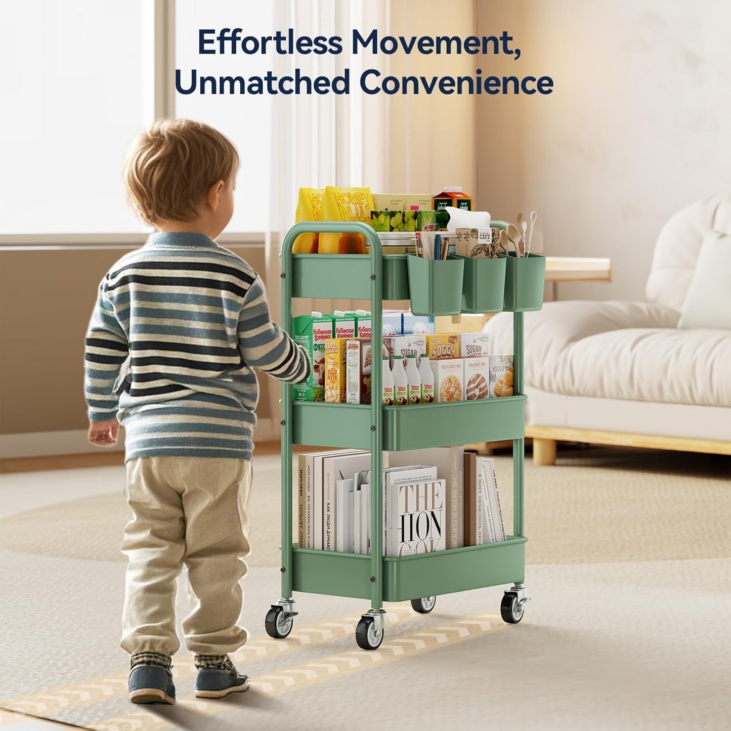 YASONIC 3-Tier Rolling Cart, Green, 66 Pounds Capacity, Mesh Storage Organizer with Lockable