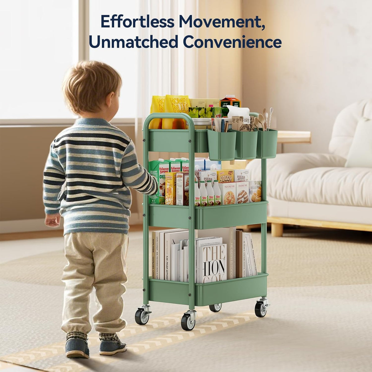 YASONIC 3-Tier Rolling Cart, Green, 66 Pounds Capacity, Mesh Storage Organizer with Lockable