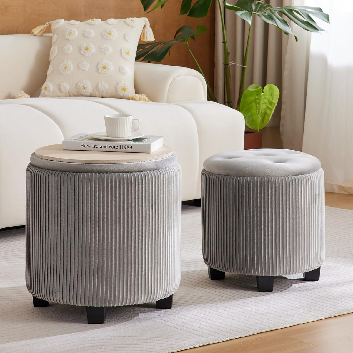 Big Round Ottoman with Storage Set of 2,Upholstered Velvet Vanity Stool for Makeup Multifunctional