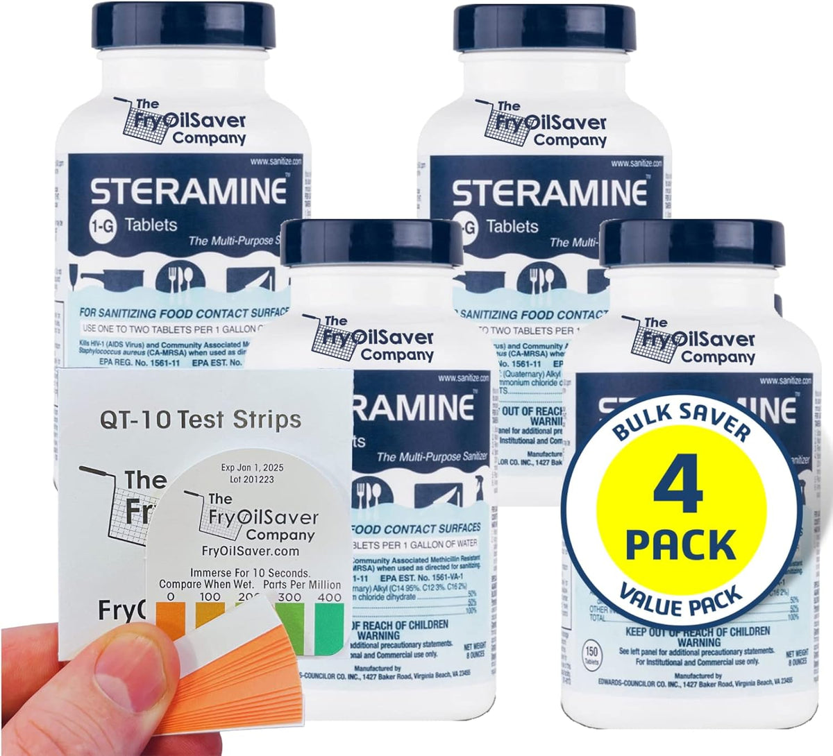 4 Bottles Steramine Sanitizer Tablets - 15x QT-10 Test Strip - Multi Purpose Sanitizing Tablets for