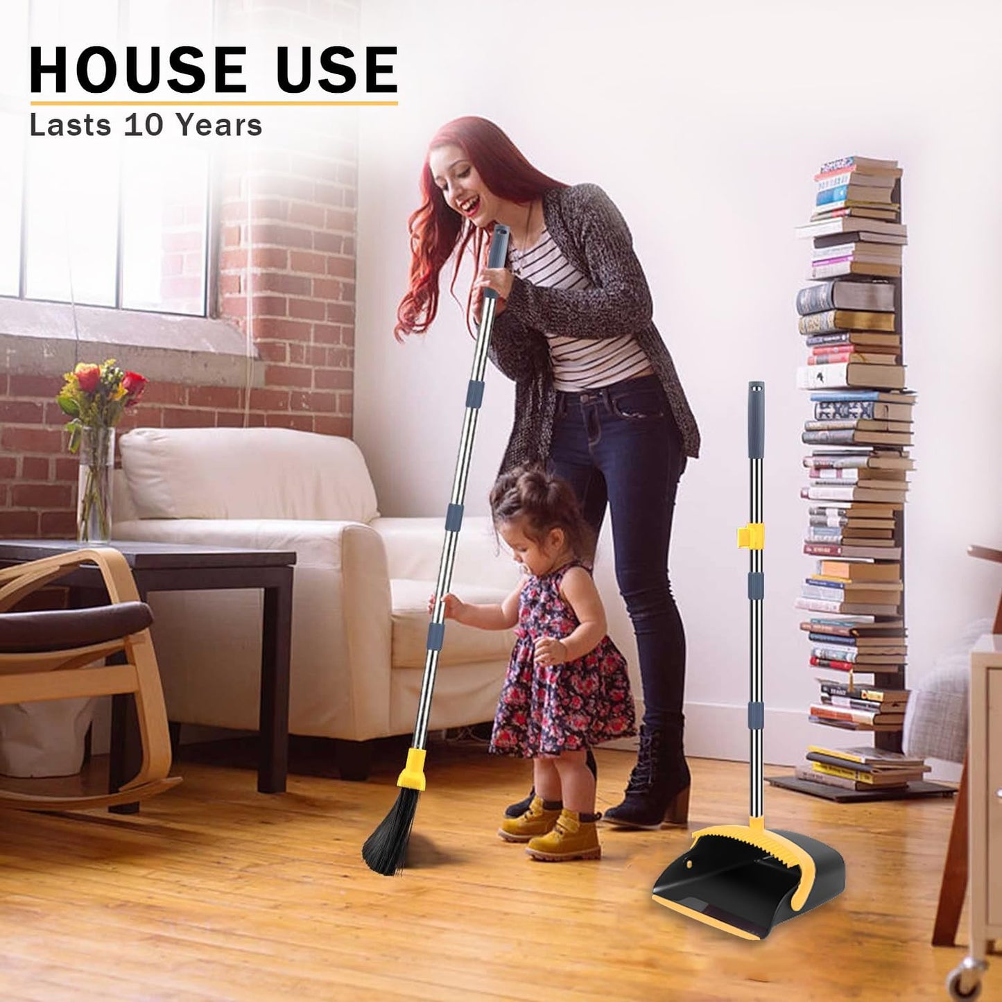 2-Pack is More economical，Upgraded Broom and Dustpan， with 52" Long Handle, Dustpan Teeth with