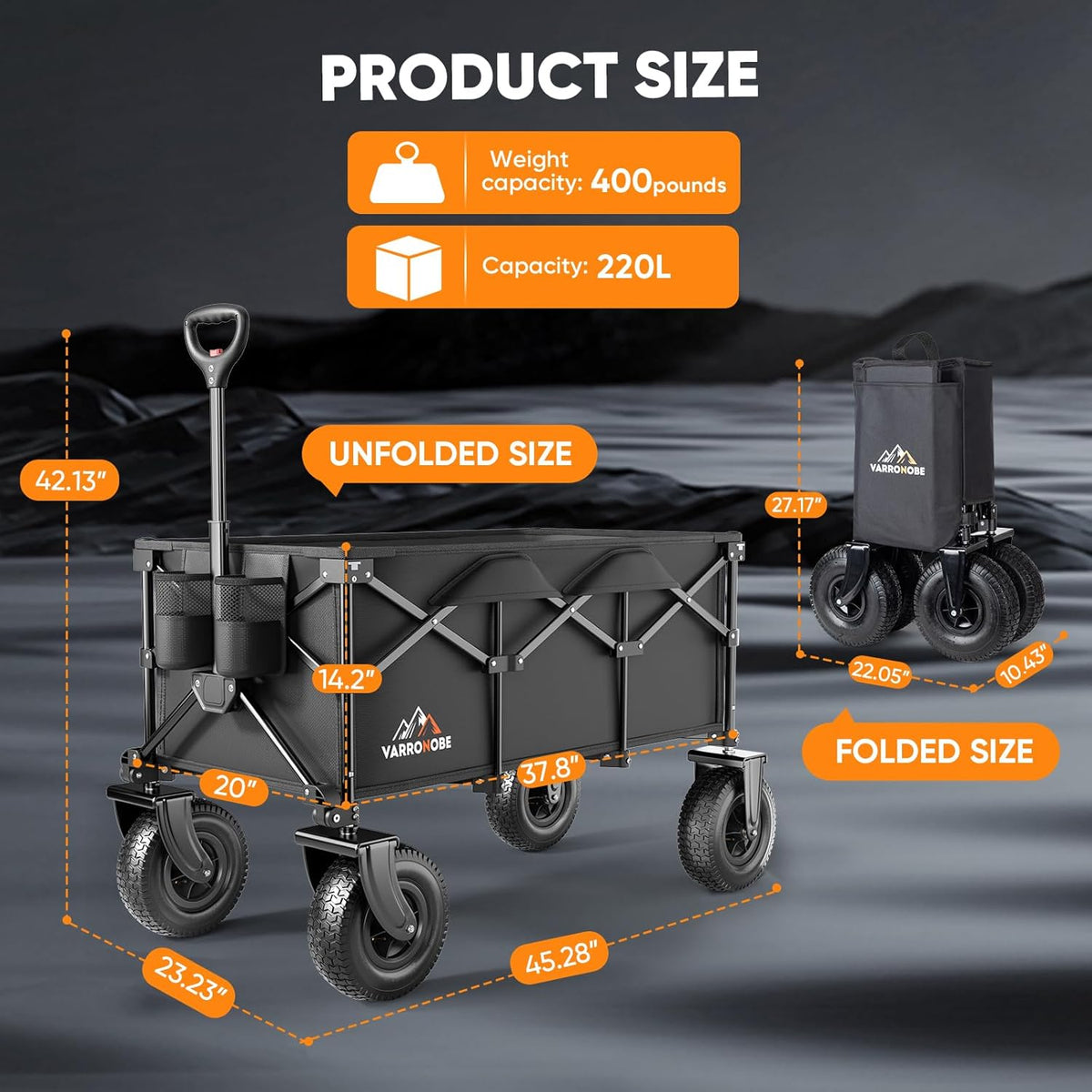 Beach Wagon with 10x3.5 Big Rubber Wheels for Sand, 400lbs Heavy Duty 220L Collapsible Utility