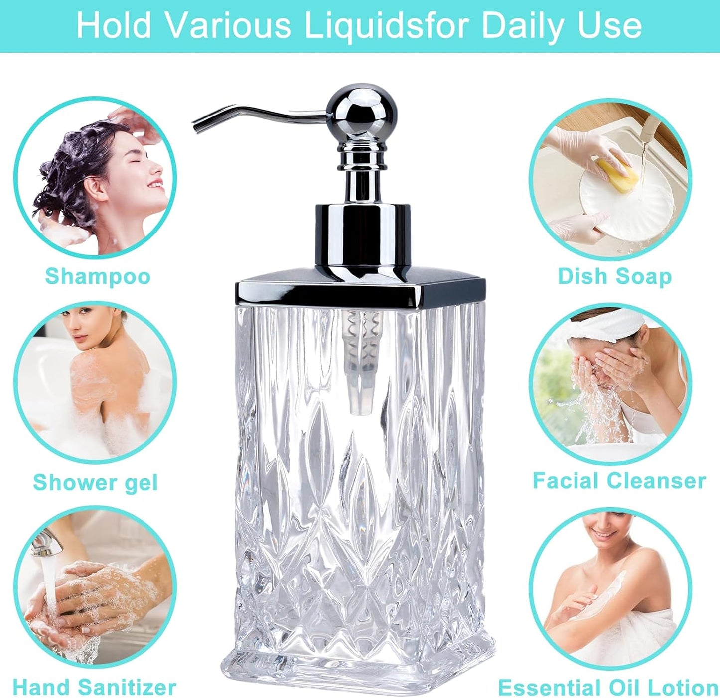 10Oz Clear Glass Soap Dispenser,Handcrafted Lead-Free Glass,Hand Sanitizer Dispenser with Silver