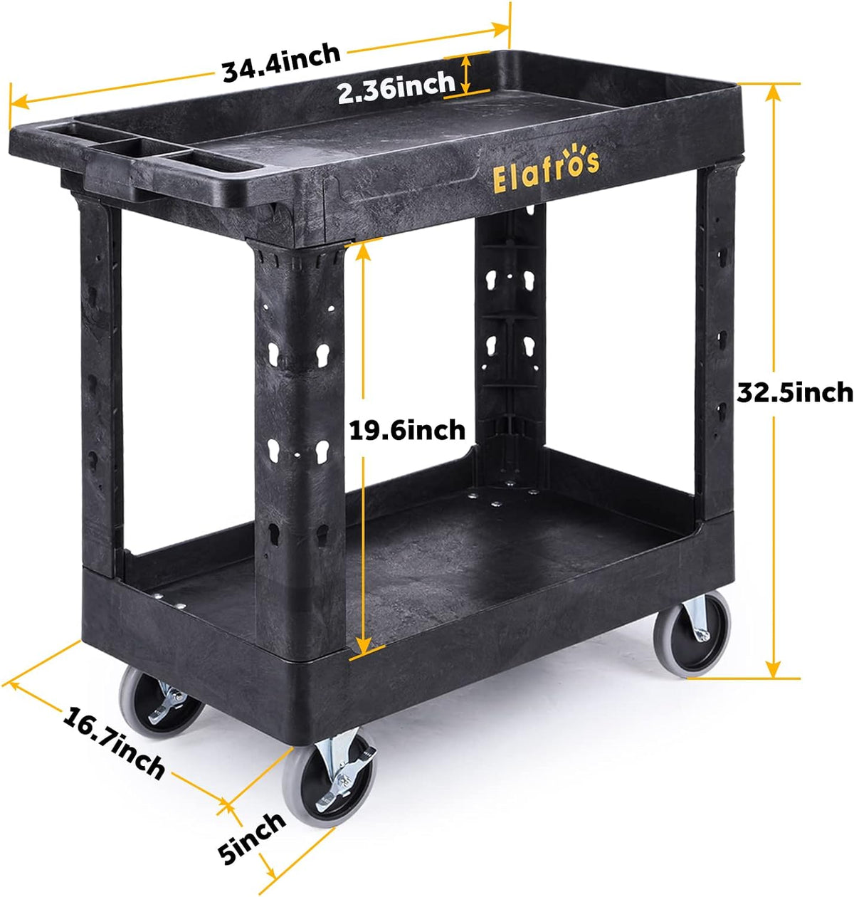 ELAFROS Heavy Duty Plastic Utility Cart 34 x 17 Inch - Work Cart Tub Storage W/Deep Shelves and