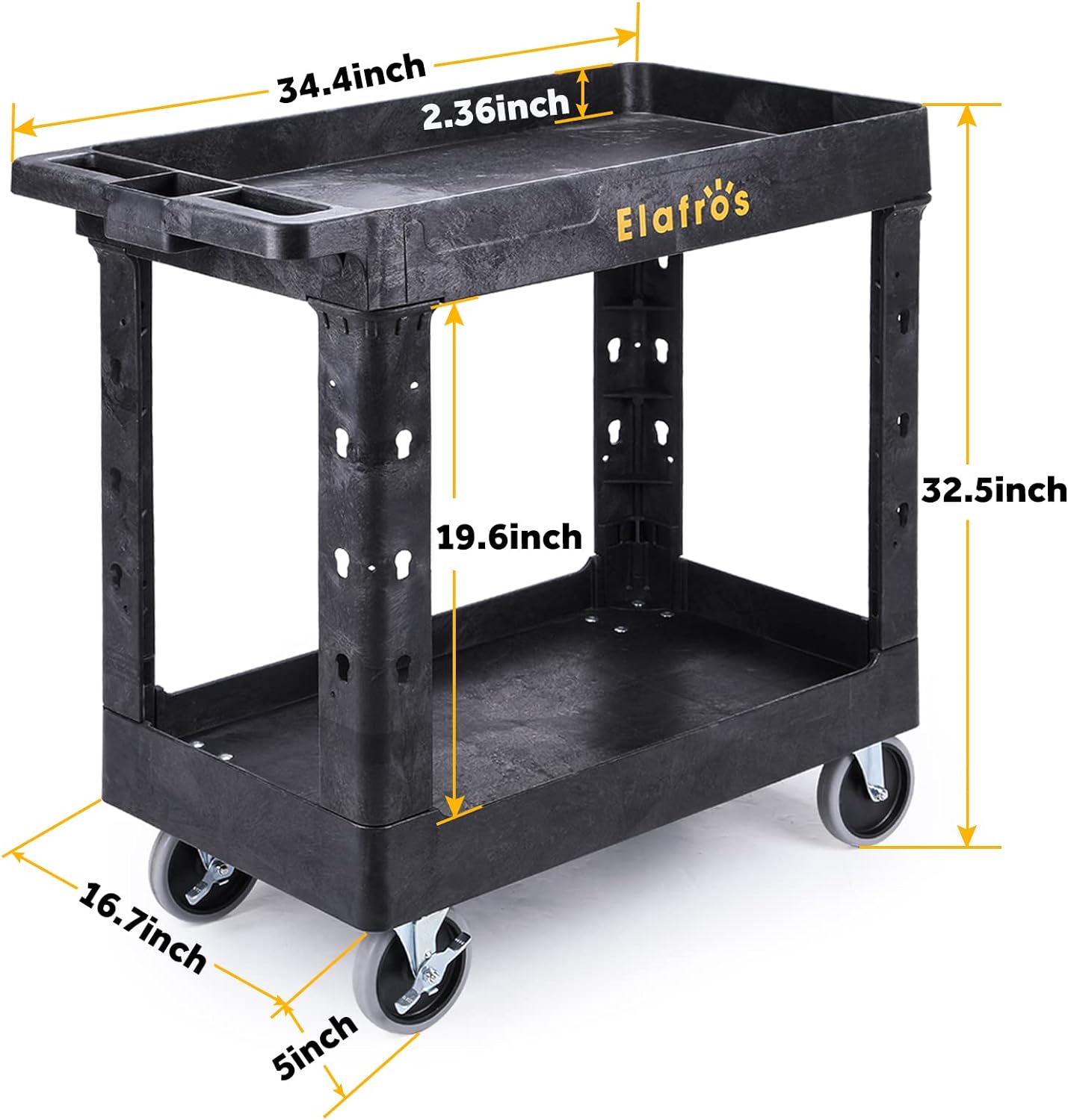 ELAFROS Heavy Duty Plastic Utility Cart 34 x 17 Inch - Work Cart Tub Storage W/Deep Shelves and