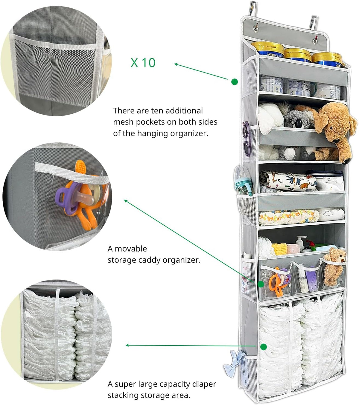 Door Hanging Storage Organizer,with 3 Bins 1 Movable Baby Diaper Caddy,1 Large capacity diaper
