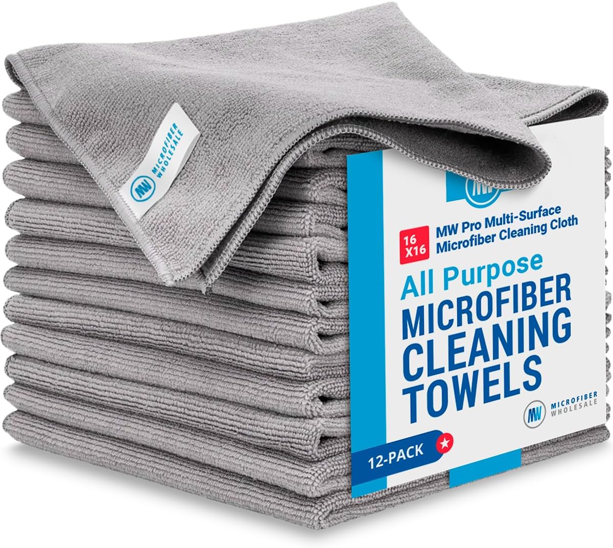 MW Pro Microfiber Cleaning Cloths (12 Pack) | Size 16" x 16"| All Purpose Microfiber Towels