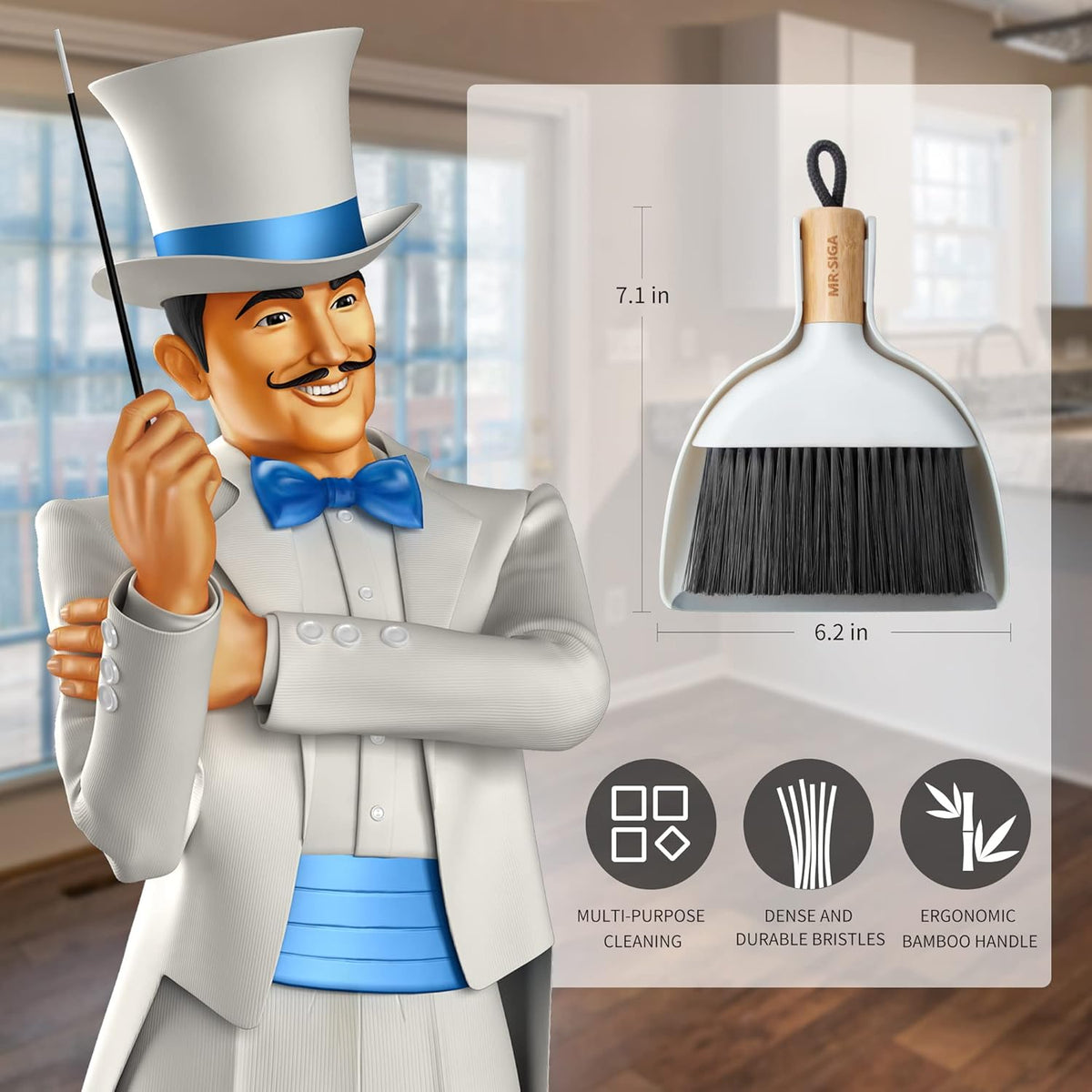 MR.SIGA Mini Dustpan and Brush Set, Portable Cleaning Brush and Dustpan Combo with Bamboo Handle, 1