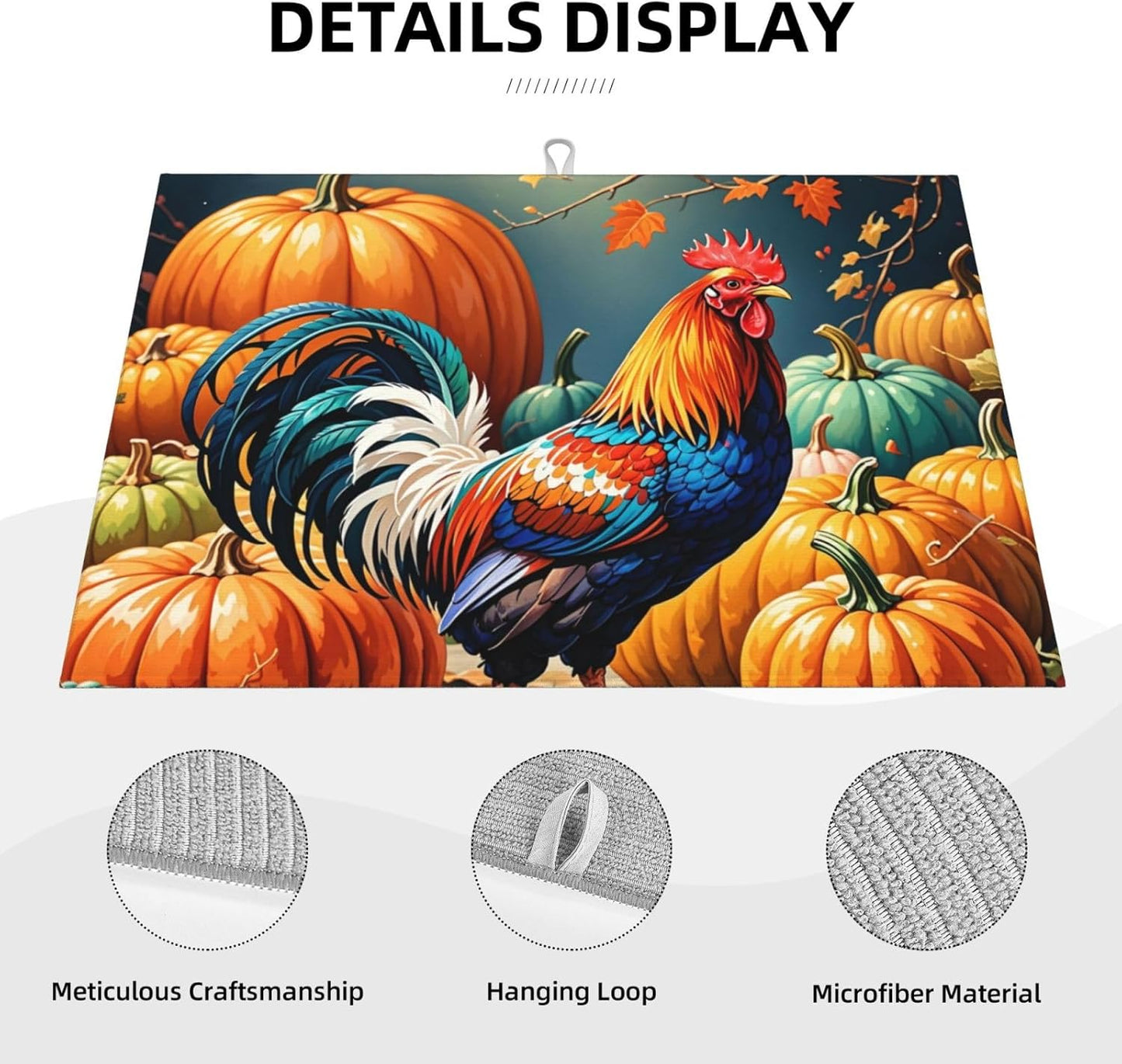 Rooster Pumpkin Dish Drying Mat Highly Absorbent Double-Sided Microfiber with Hanging Loop