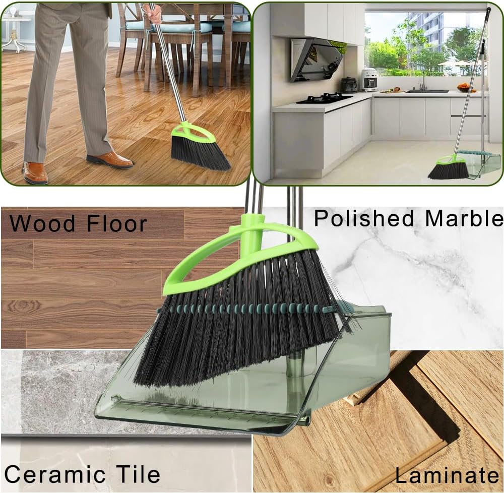 Soft Bristles Green Angle Broom and Dustpan Set, Long Handle Household Indoor Broom with Dustpan