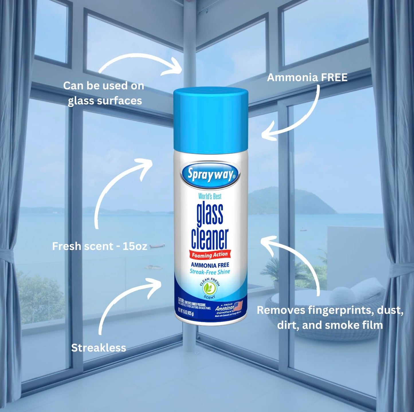 Sprayway Glass Cleaner Foaming Aerosol Spray, 15oz, Pack of 6 | Ammonia-Free, Streakless
