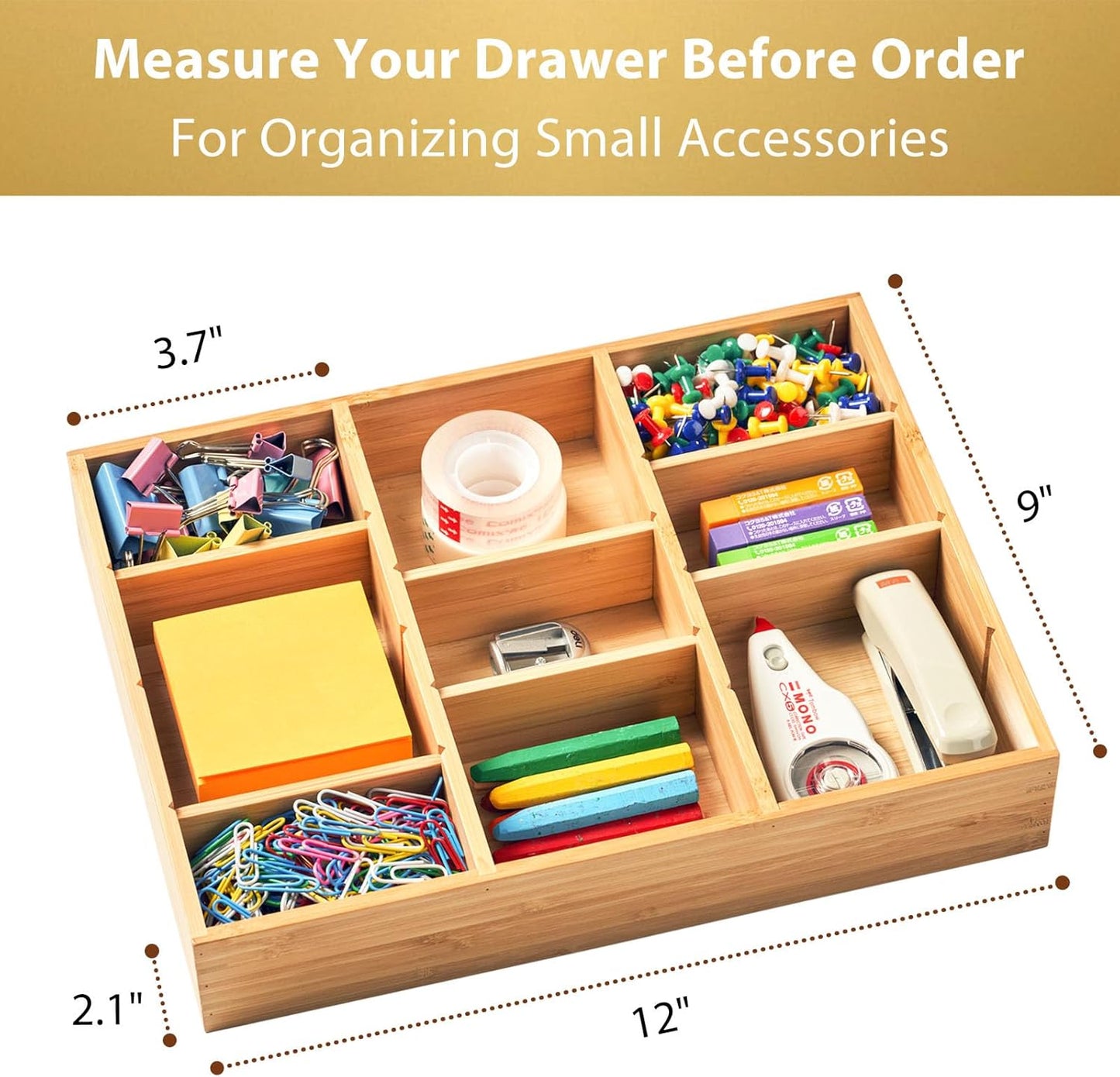 Umilife Desk Drawer Organizer, Bamboo Wood Organizer Tray with Adjustable Compartments, Office Desk
