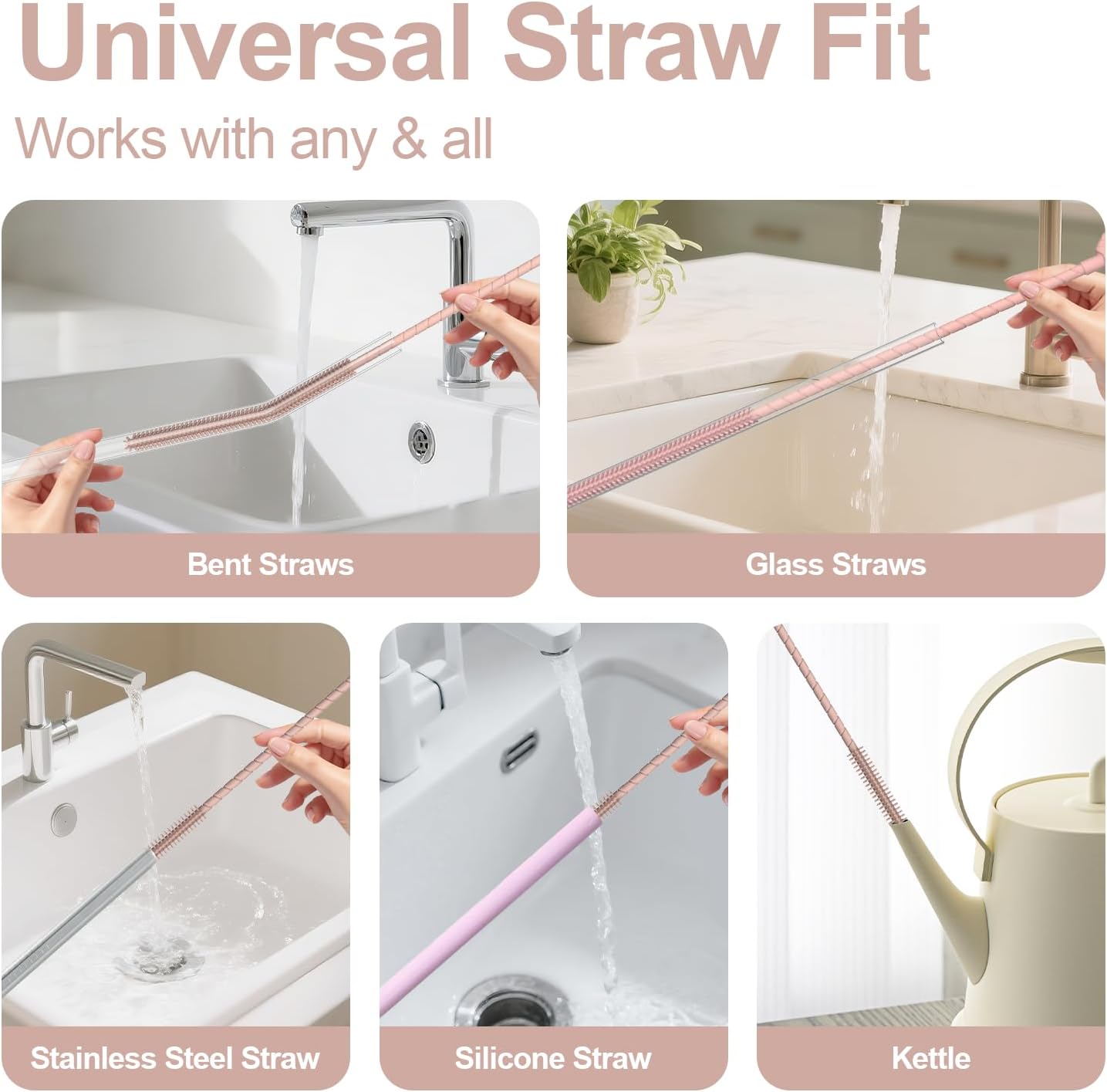 YOTIME Silicone Straw Cleaner Brush, 2 Pcs Reusable Straw Brush(6mm+9mm) for Cleaning Narrow & Wide