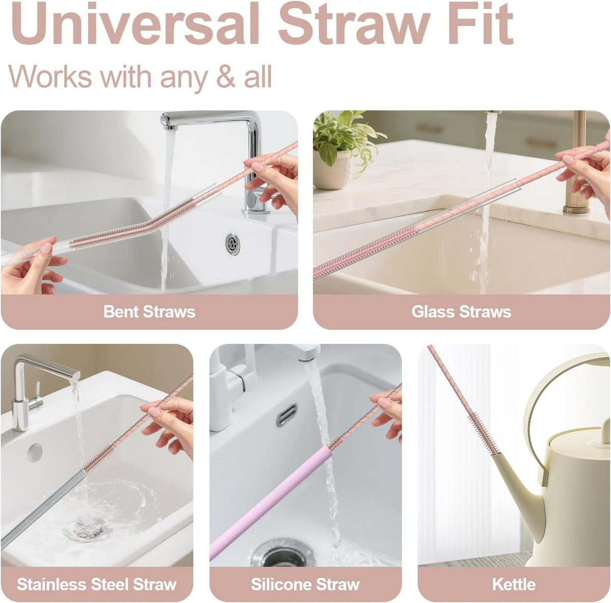 YOTIME Silicone Straw Cleaner Brush, 2 Pcs Reusable Straw Brush(6mm+9mm) for Cleaning Narrow & Wide
