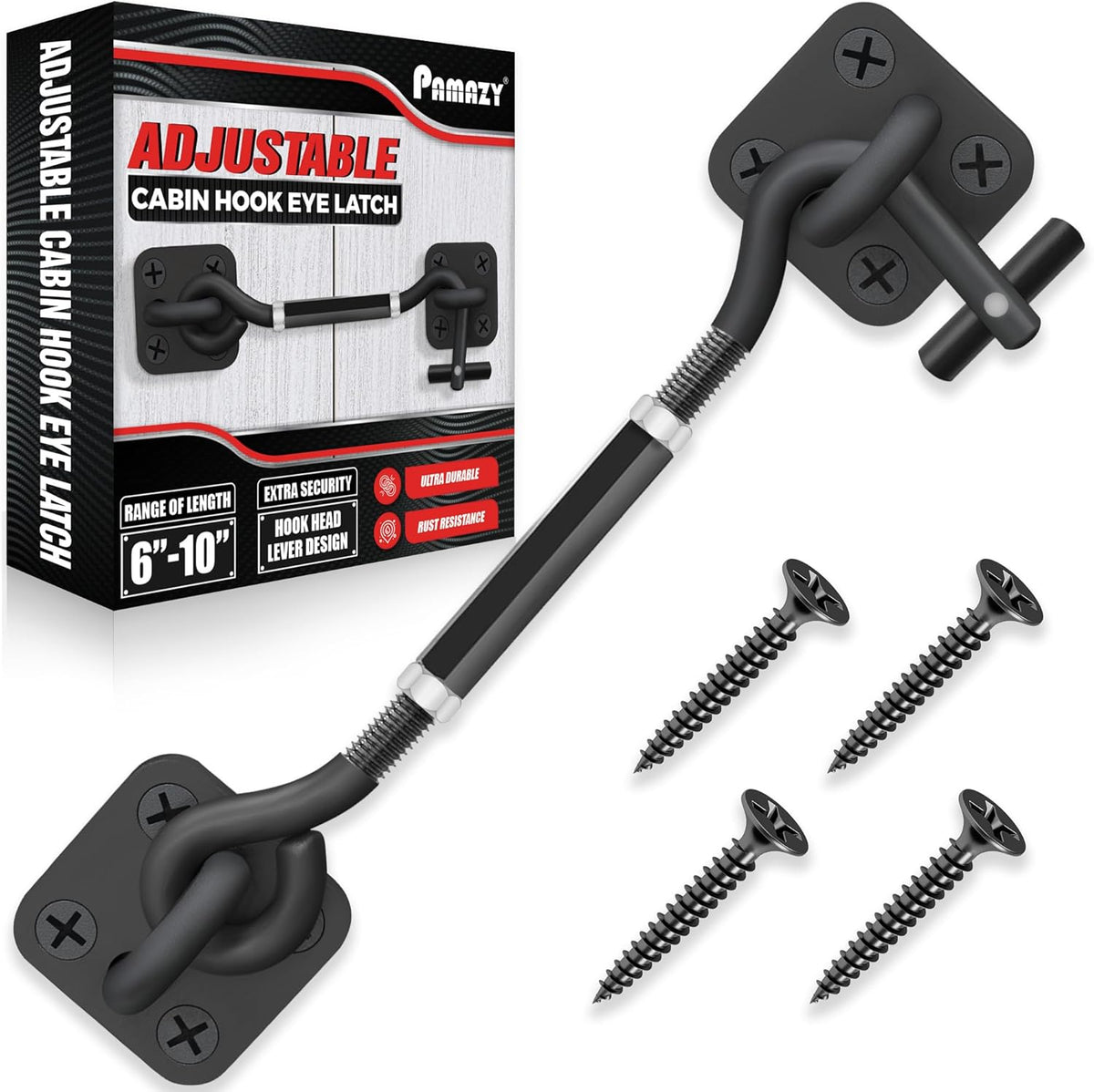[Upgrade Adjustable] 6”-10” Cabin Hook Eye Latch Gate, Heavy Duty 4 Mounting Points Bracket, Barn