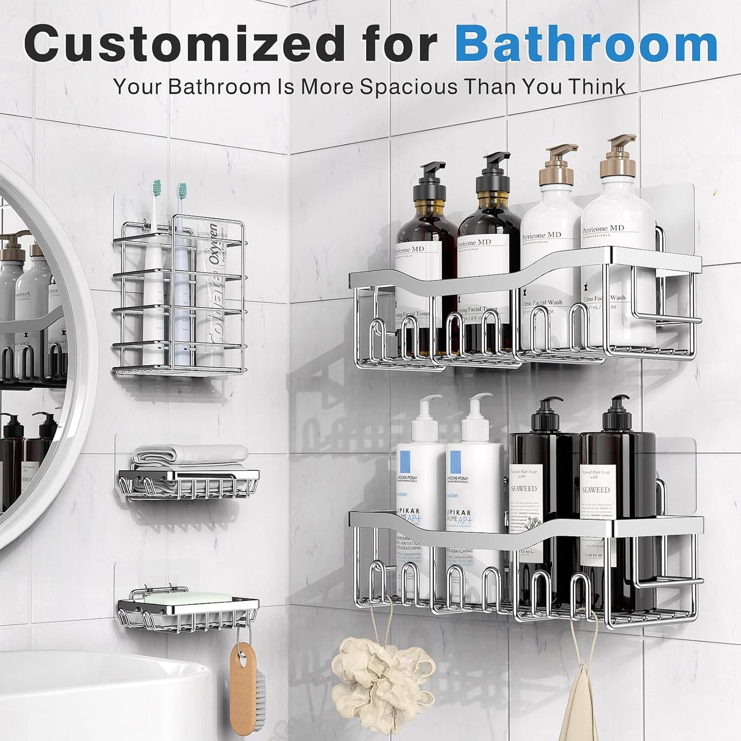 EUDELE 5-Pack Rustproof Stainless Steel Shower Caddy – No Drill Adhesive Bathroom Organizer with