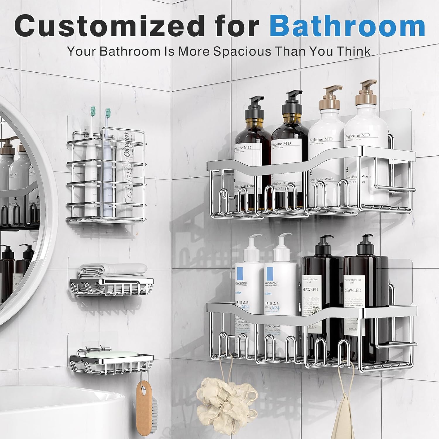 EUDELE 5-Pack Rustproof Stainless Steel Shower Caddy – No Drill Adhesive Bathroom Organizer with