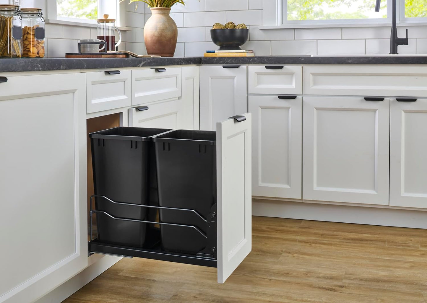 Rev-A-Shelf Double Pullout Trash Cans for Under Kitchen Cabinets 35 Quart 8.75 Gallon with