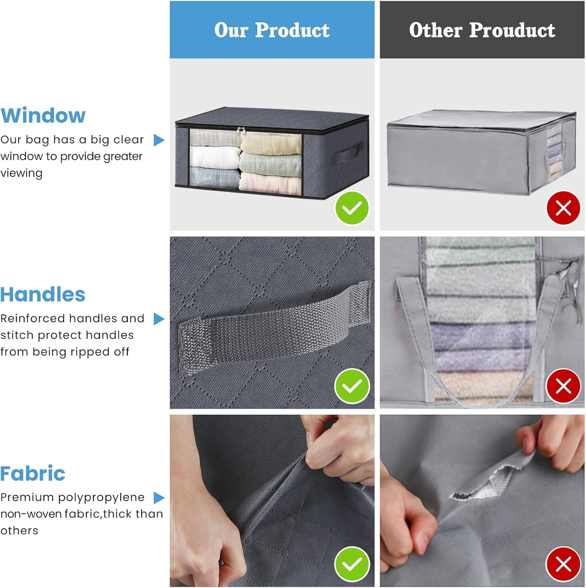 HomeHacks Storage 3-Pack Clothes Organizer Storage Bags Foldable Storage Box with Large Clear