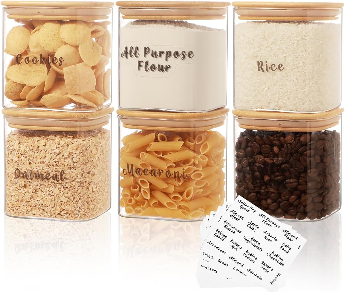 6 Pcs Square Glass Pantry Storage Containers with Bamboo Airtight Lid and 248 Clear Pantry Labels