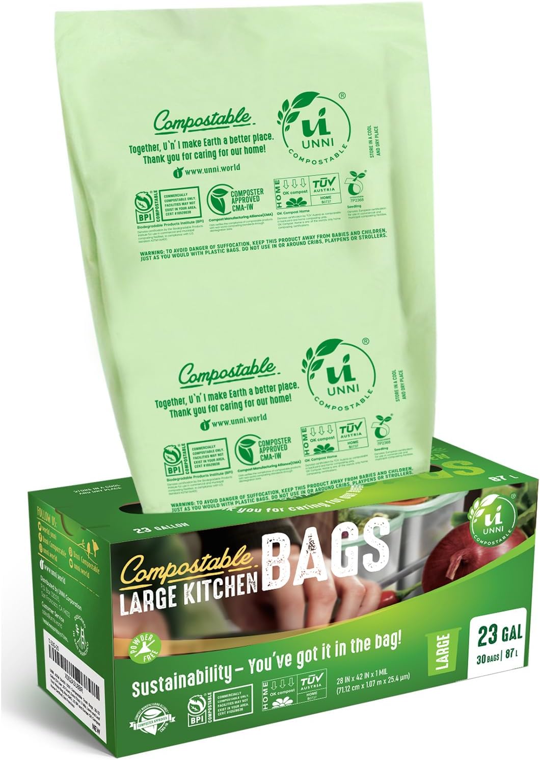 UNNI Compostable Trash Bags, 20-23 Gallon / 87 Liter, 60 Count Value Pack, Extra Thick 1.0 mil