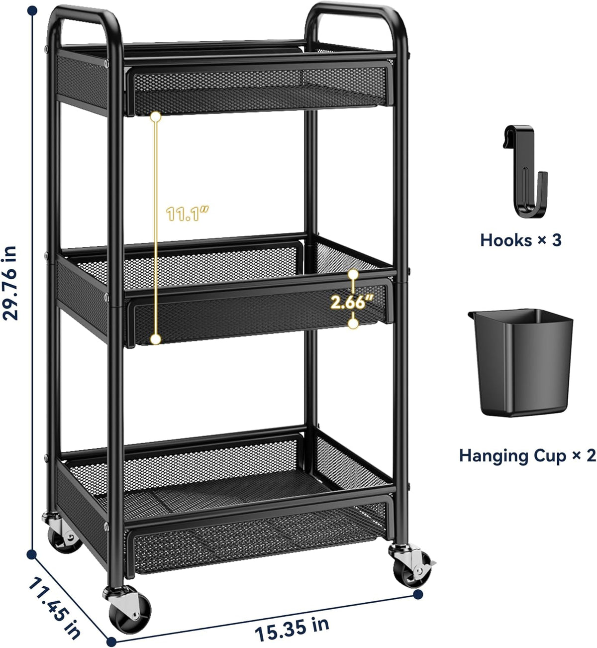 YASONIC 3 Tier Rolling Cart – Metal Utility Storage Cart with Wheels, Craft Cart Organizer with