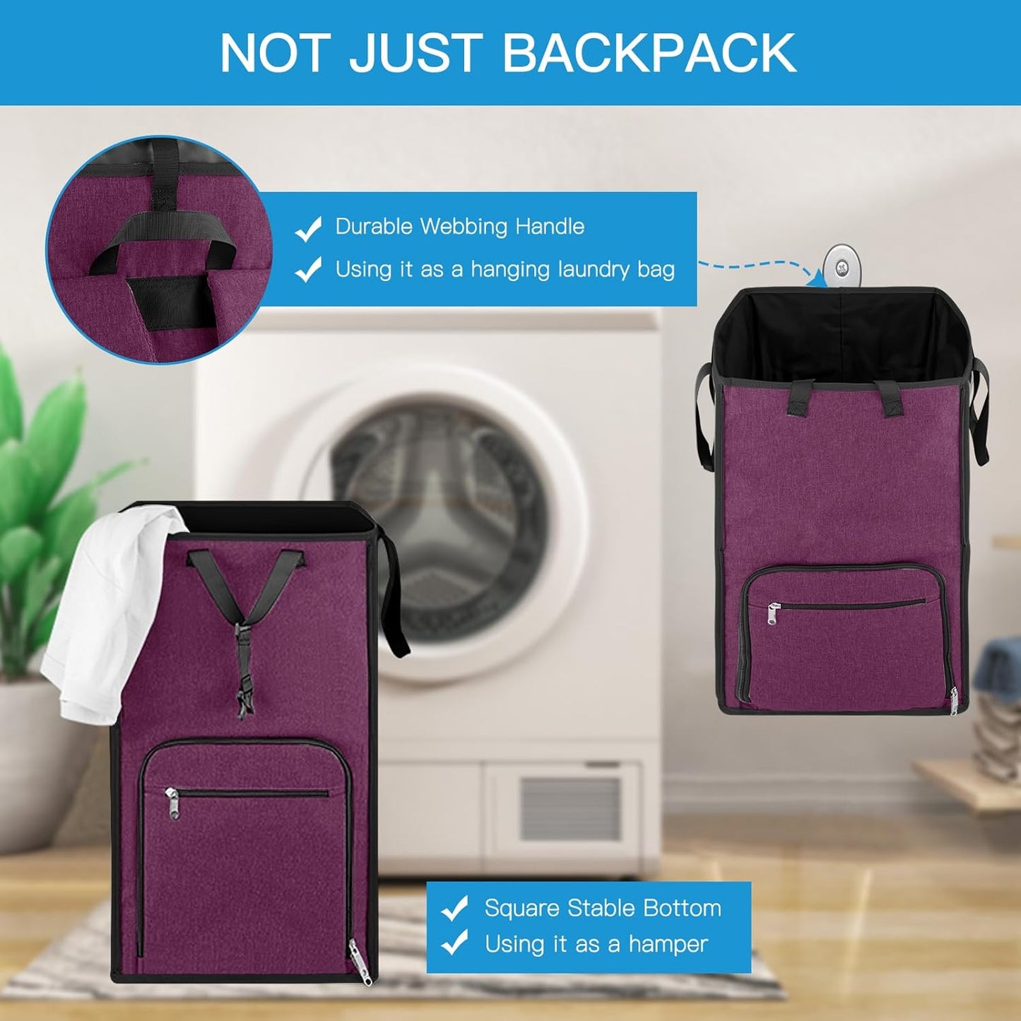 Bukere Laundry Tote Basket, Laundry Backpack Bag for Guys Girls Boys, Collapsible Laundry Hamper