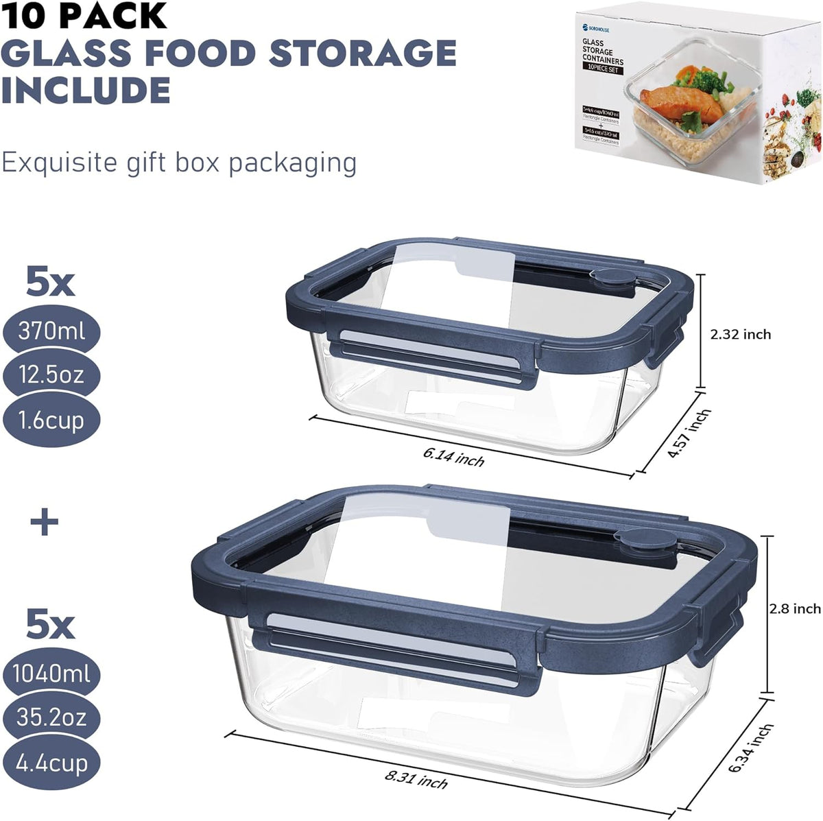 10-Pack Glass Food Storage Containers with Tempered Lids – Borosilicate, Airtight, Oven-Safe