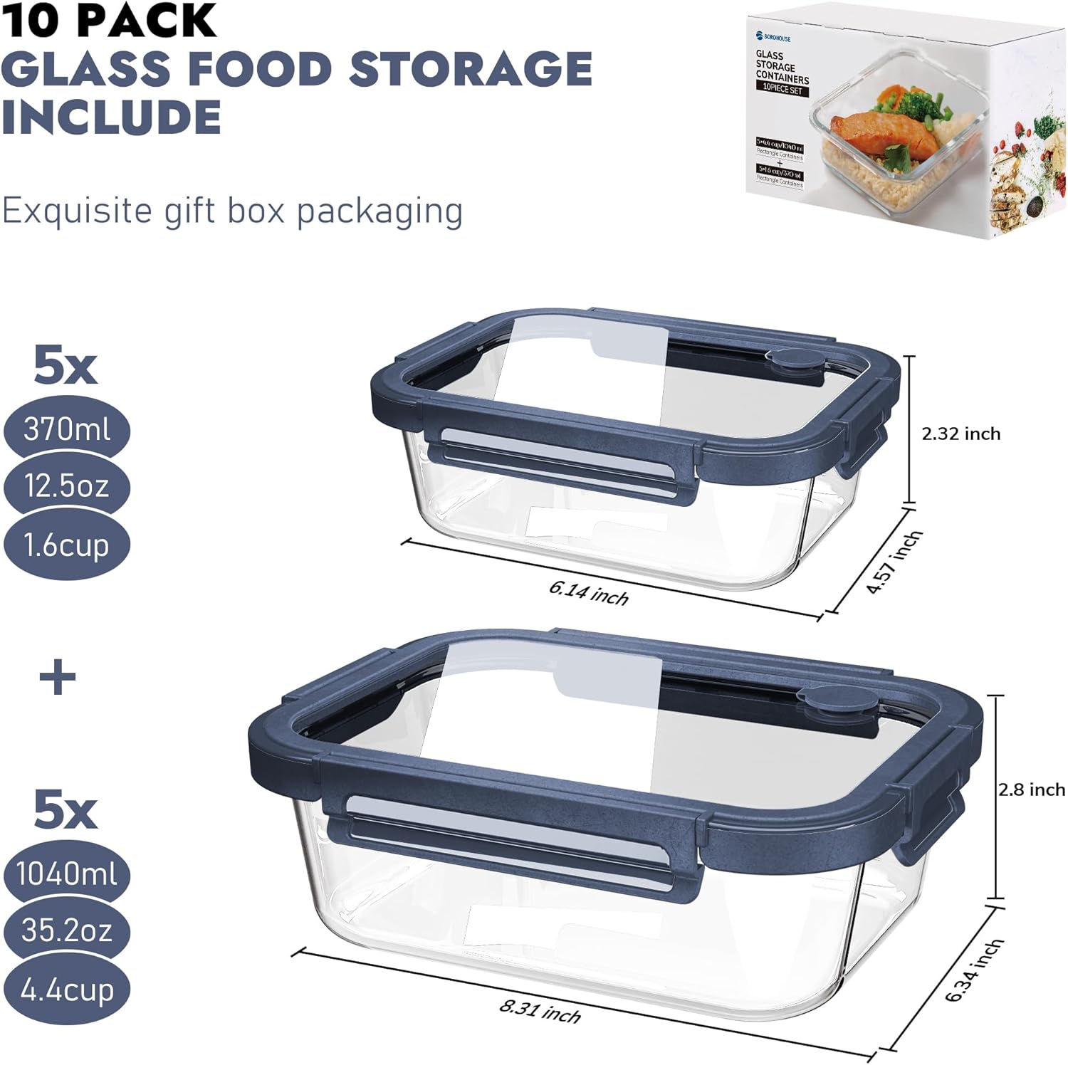 10-Pack Glass Food Storage Containers with Tempered Lids – Borosilicate, Airtight, Oven-Safe