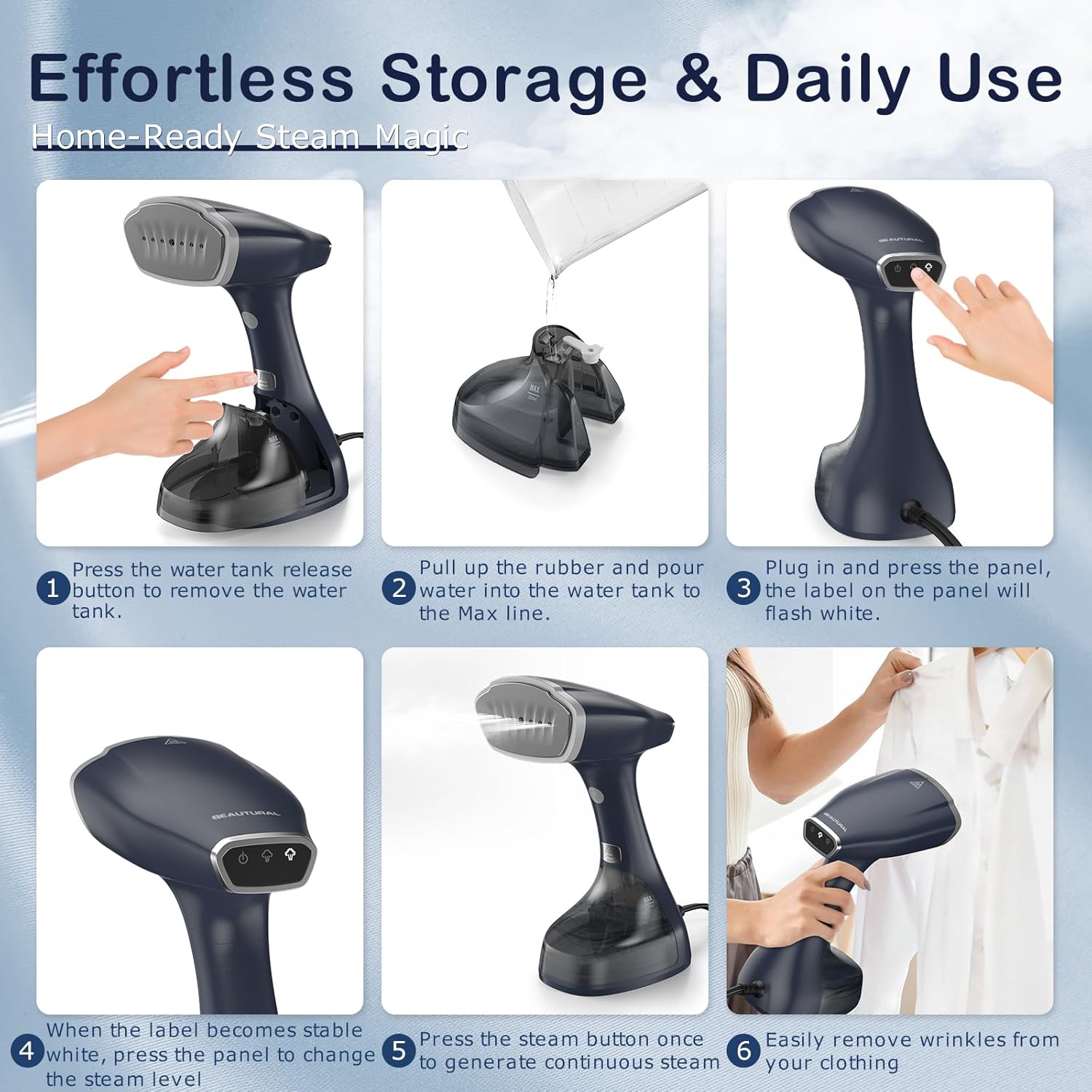 BEAUTURAL Handheld Garment Steamer for Clothes, Handheld steamer with Foldable Design, Easy to