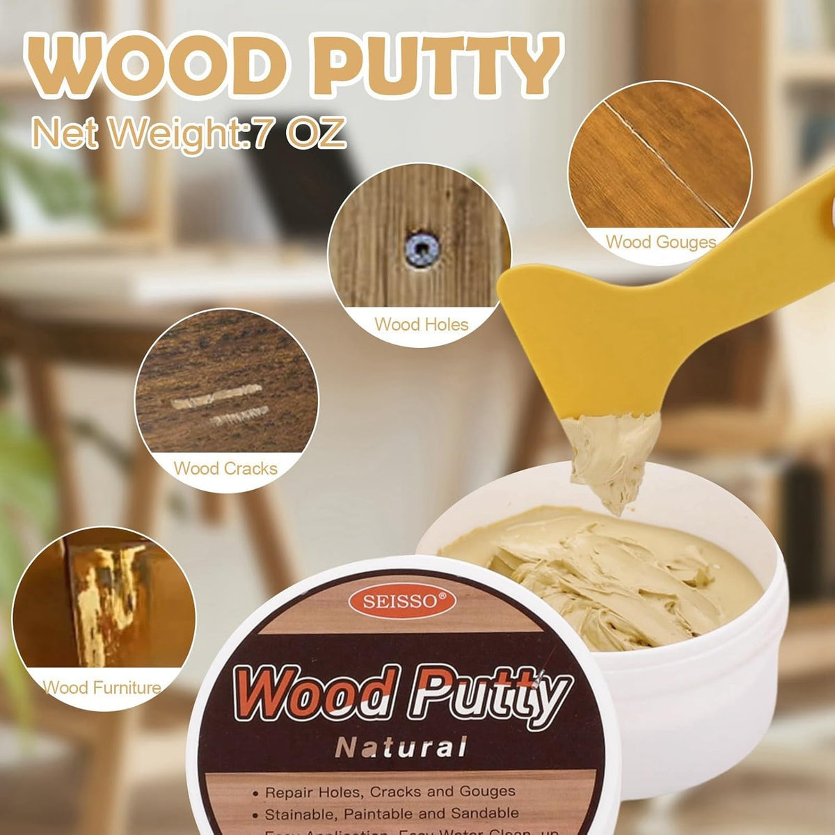 SEISSO Wood Filler, Natural Wood Putty for Trim, Wood Filler Paintable, Stainable, Water-Based Wood