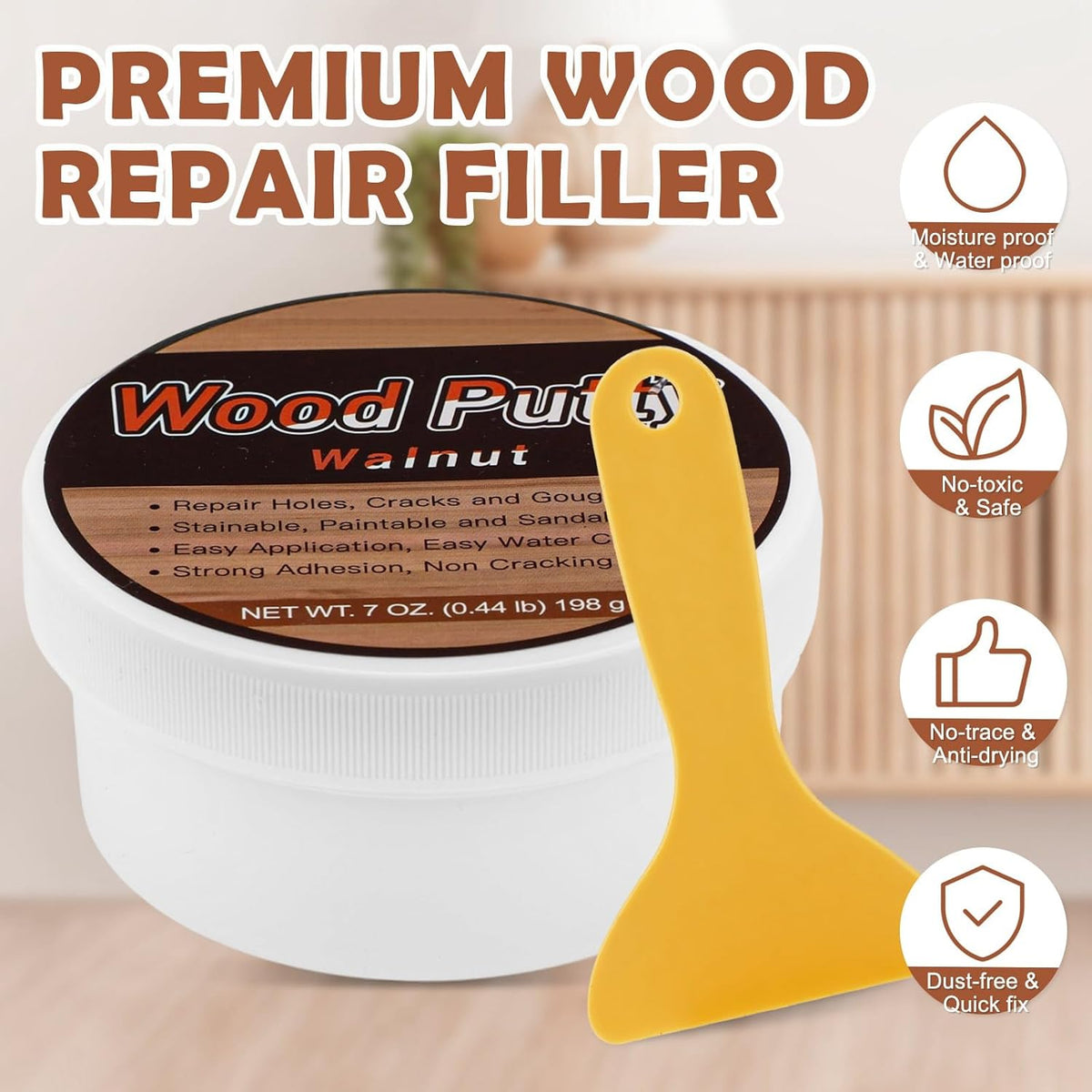 SEISSO Wood Filler, Walnut Wood Putty for Trim, Wood Filler Paintable, Stainable, Water-Based Wood