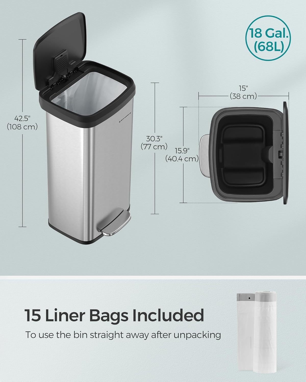 SONGMICS Kitchen Trash Can, 18-Gallon Stainless Steel Garbage Can, with Stay-Open Lid and Step-on