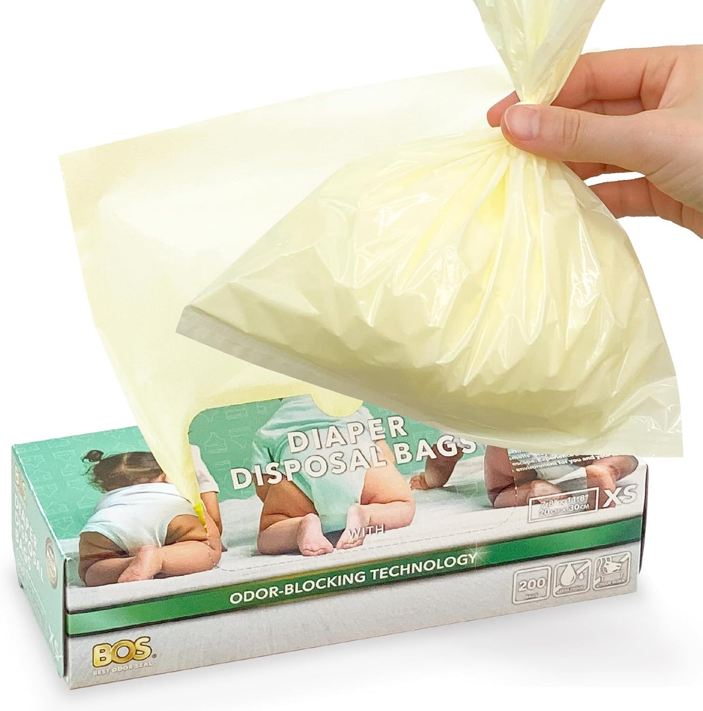 BOS, Odor-Sealing Dirty Diaper Trash Bags - Disposable Bags - Scent & Smell Free, 200Bags, (Color: