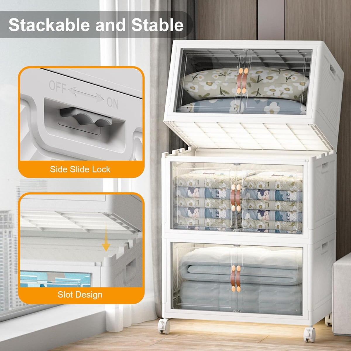 Extra Large Stackable Storage Bins with Lids & Wheels & Door, 480QT-160QT/40GAL*3Pack Foldable