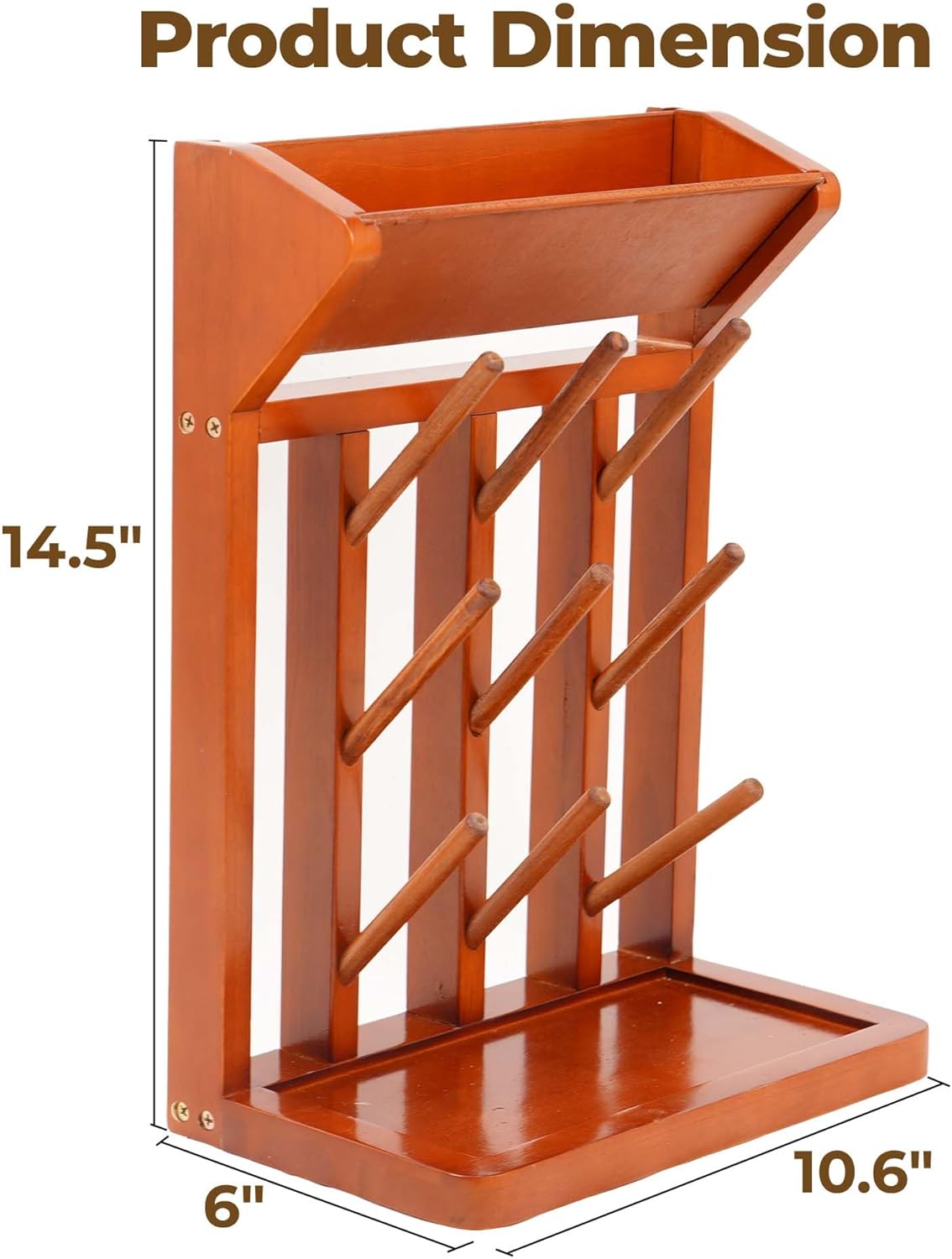 Brown Vertical Bottle Drying Rack Rubber Wood 9 Hooks, Use for Bottles, Cups, Mugs, Glasswine