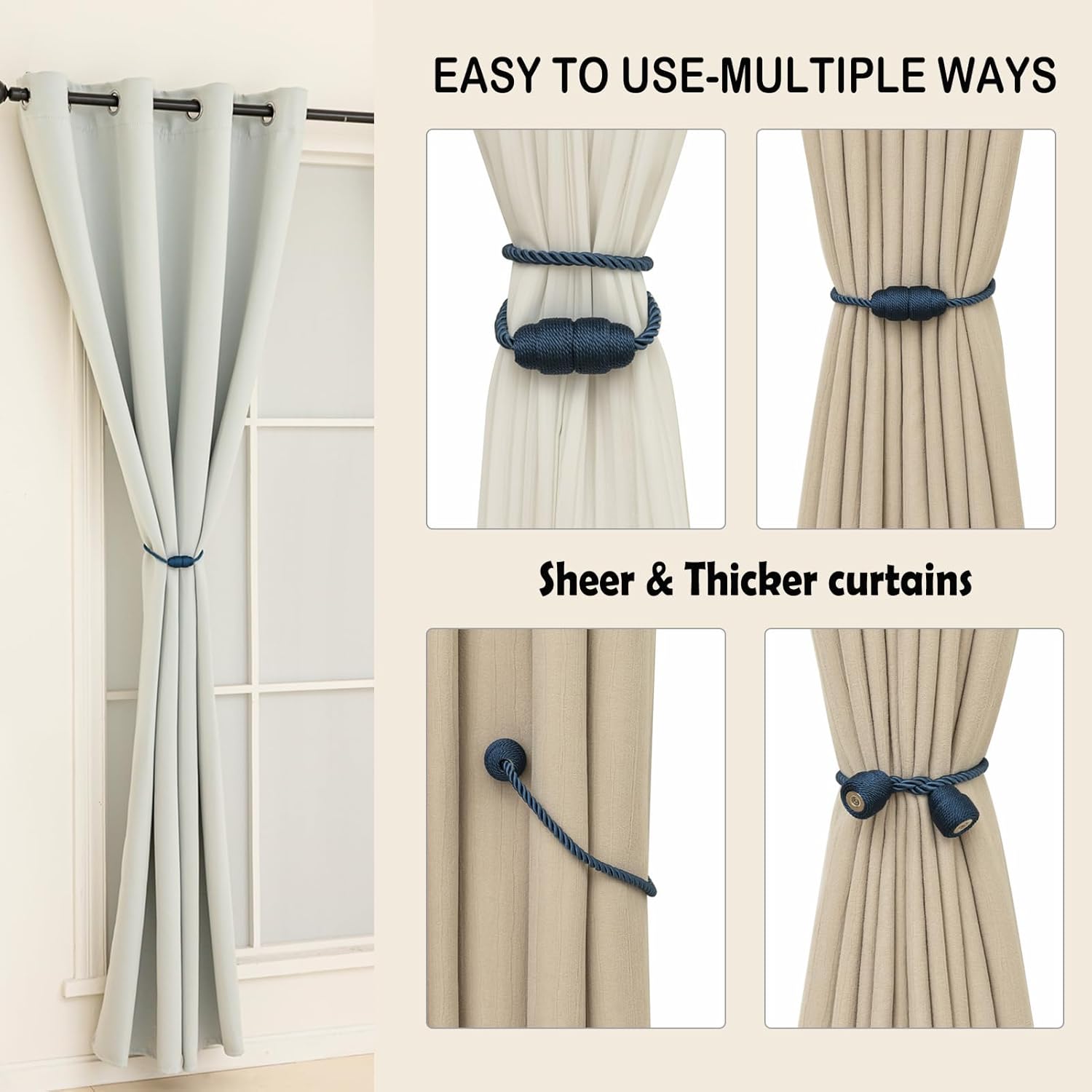 Magnetic Curtain Tiebacks Rope Curtain Tie Backs for Curtains 8 Pack Curtain Holders for Drapes