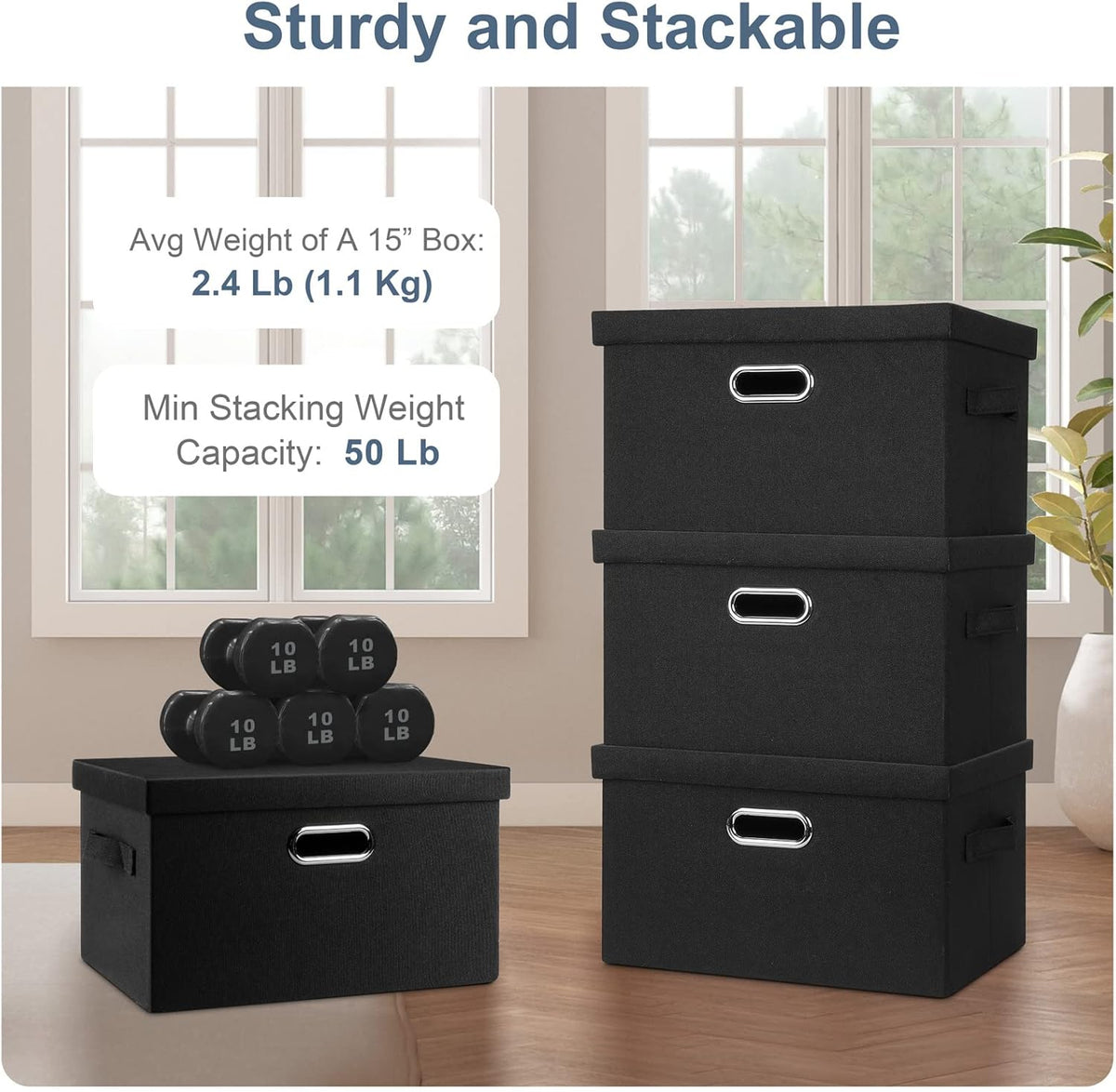 Medium 15" 21 Quart Collapsible Stackable Storage Bins with Lids, 5 Packs Black Foldable Fabric