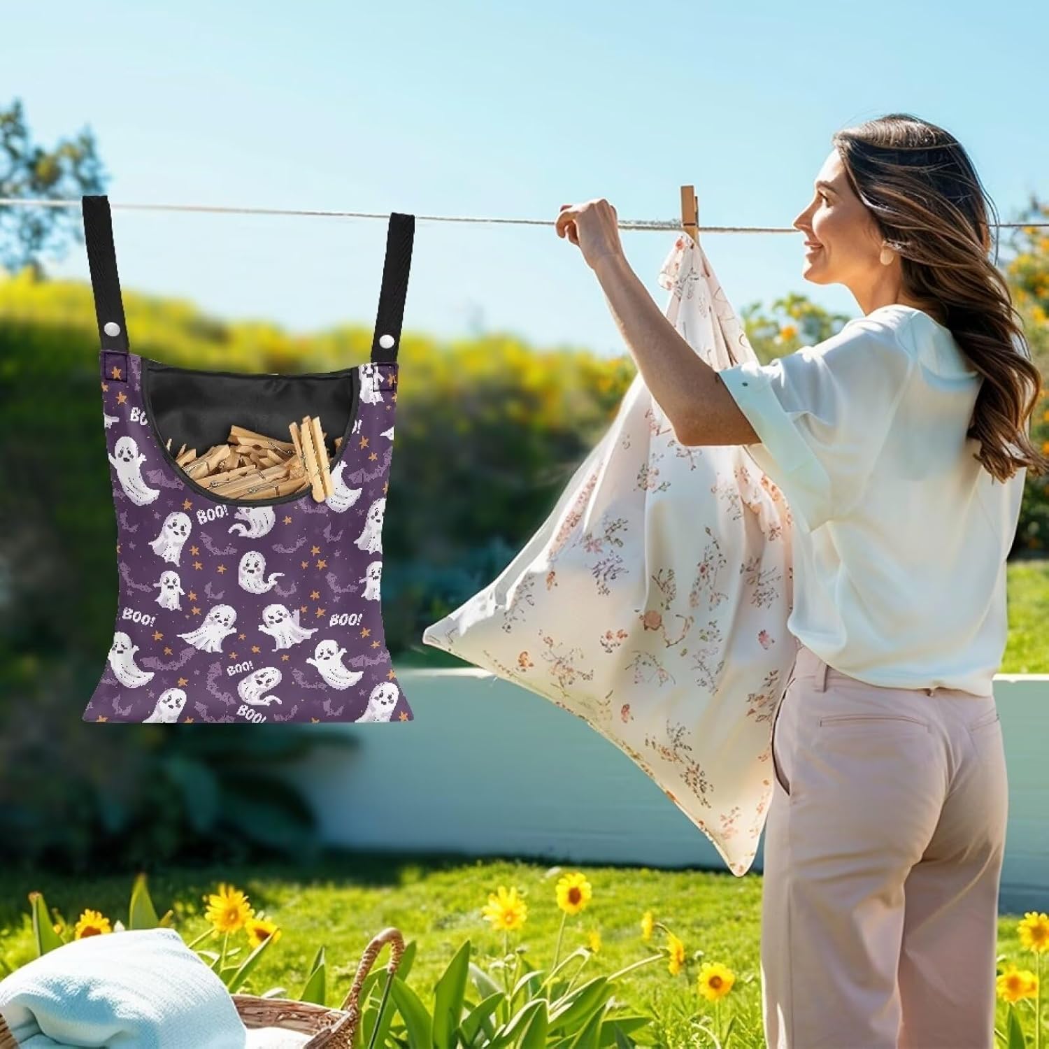 Cute Ghost Clothespin Storage Hanger Bags Laundry Clothespin Bag with a Large Opening, Hanging
