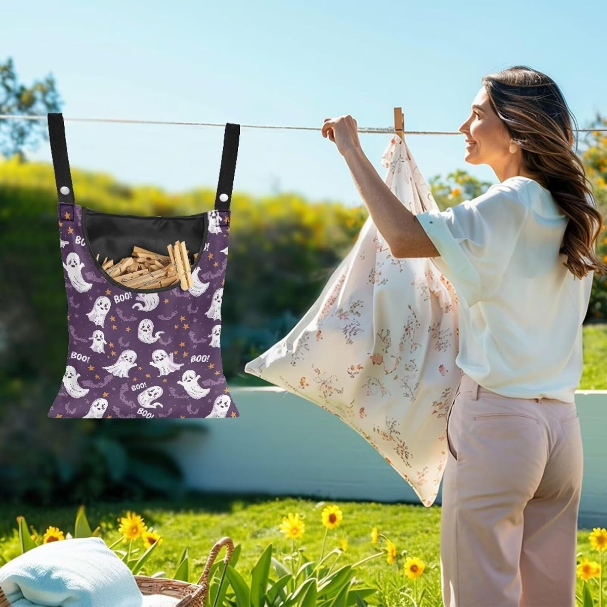 Cute Ghost Clothespin Storage Hanger Bags Laundry Clothespin Bag with a Large Opening, Hanging