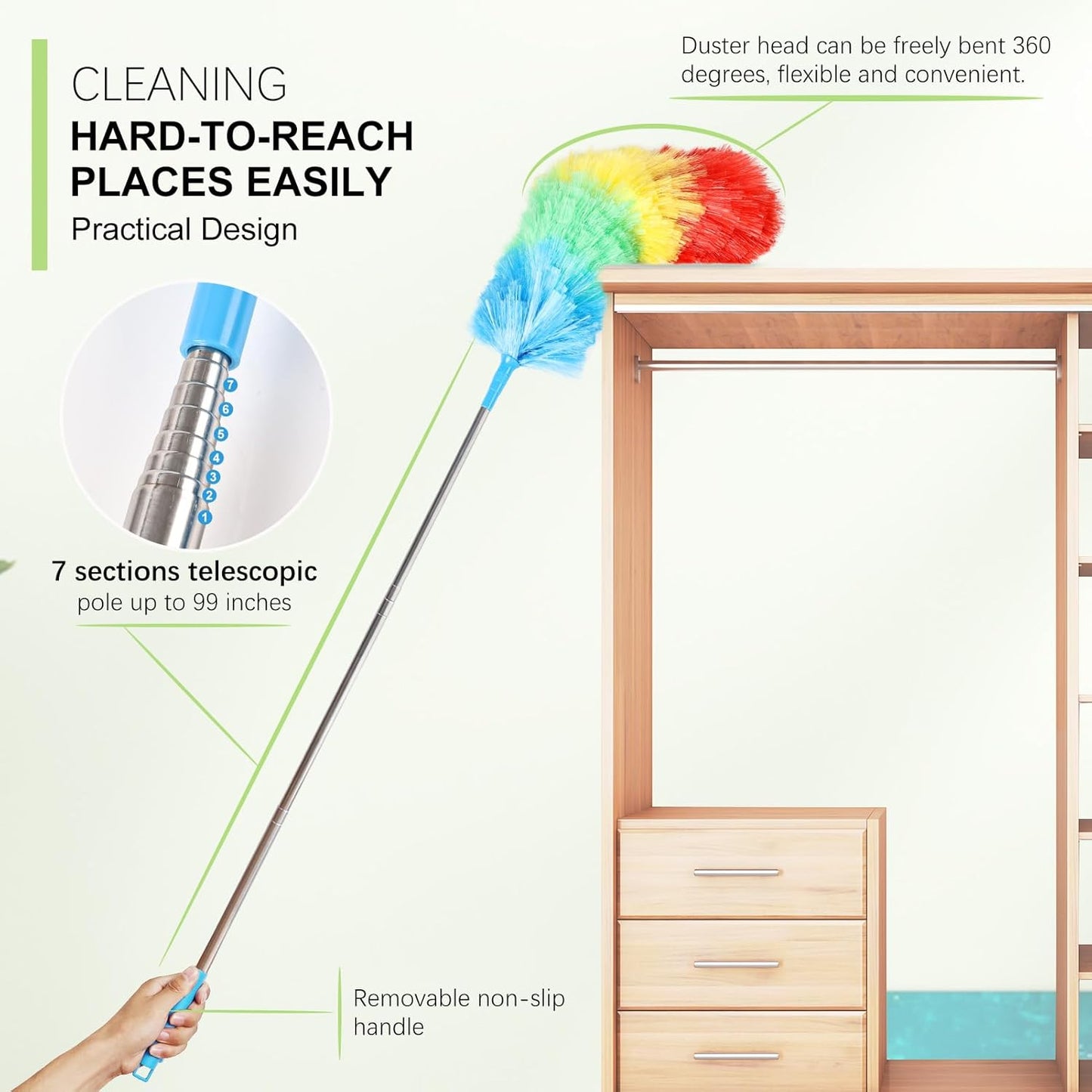 Rainbow Extendable Static Duster Reusable Microfiber Duster with 100" Telescoping Pole, Beandable